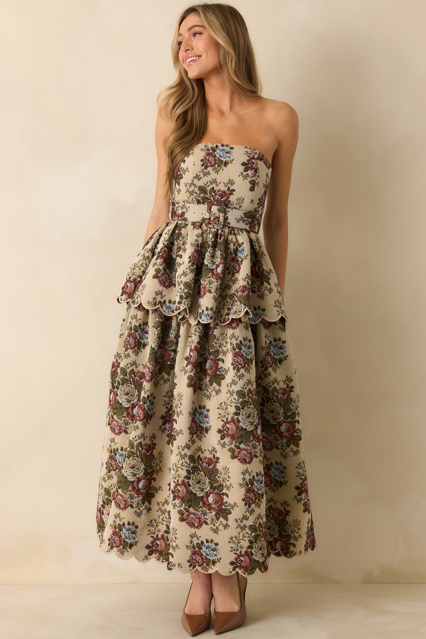 Graceful Charm Beige Multi Floral Tapestry Strapless Midi Dress