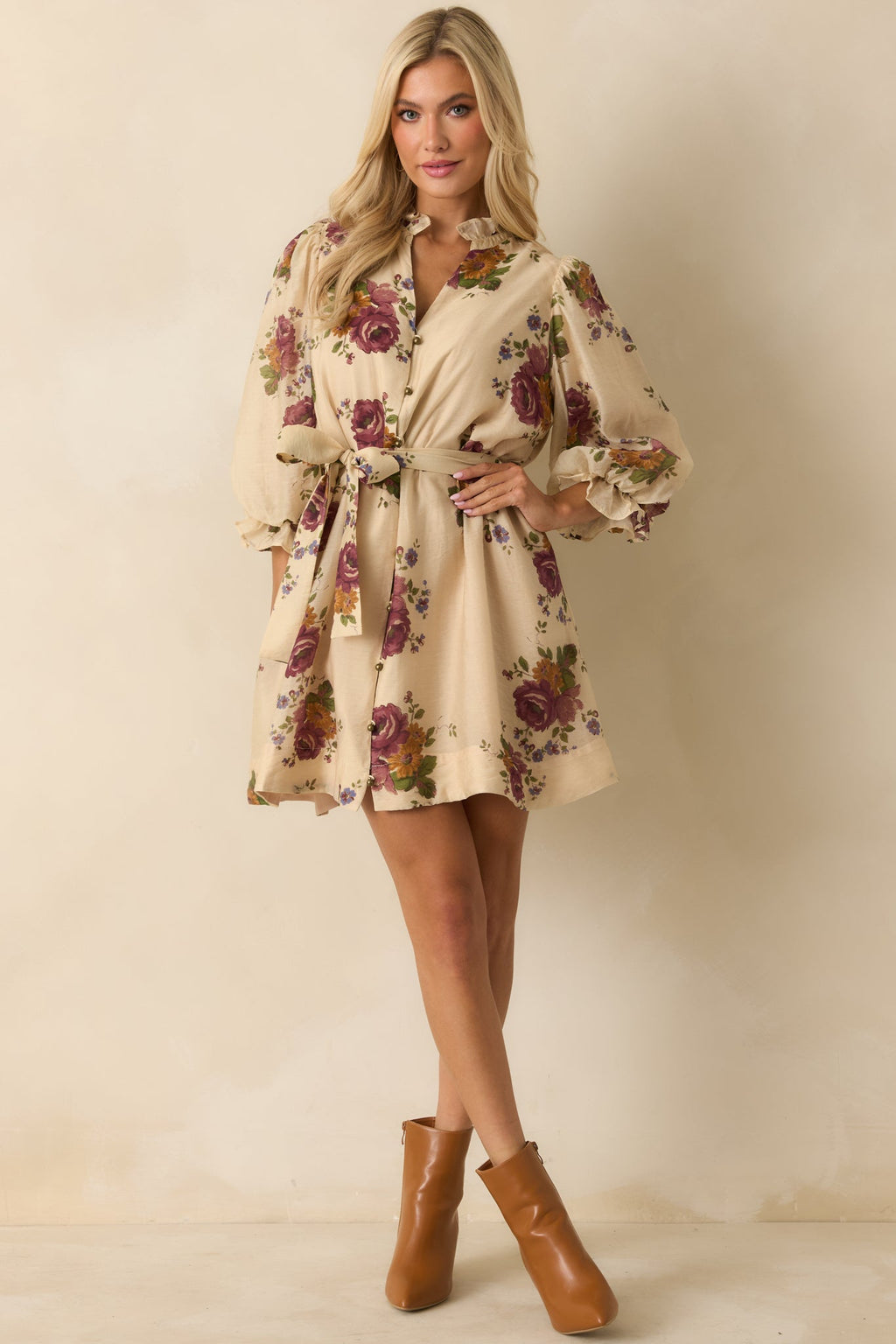 Rustic Romance Beige Multi Floral Print Belted Mini Dress