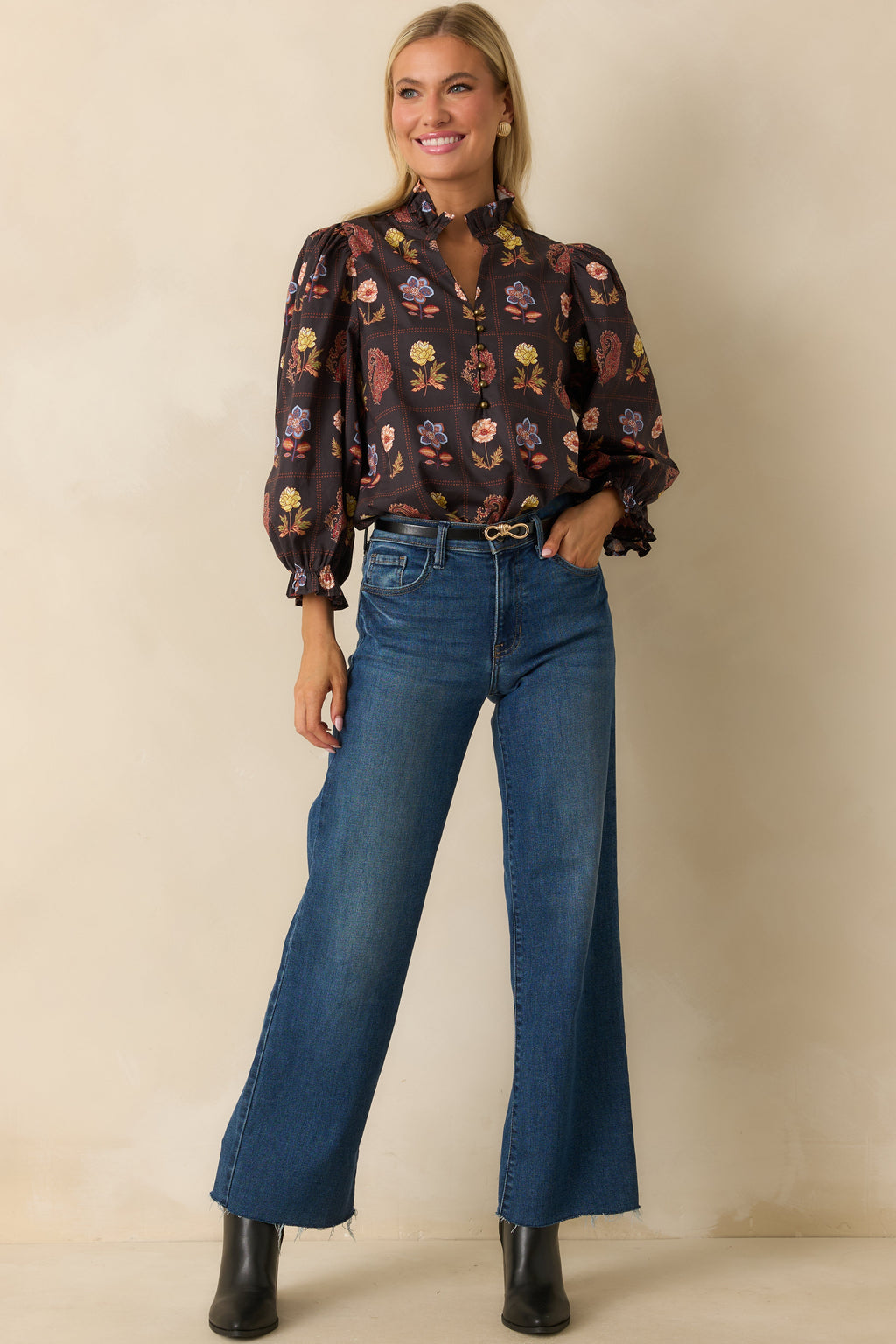 Everything’s Blooming Black Multi Floral Cotton Puff Sleeve Blouse