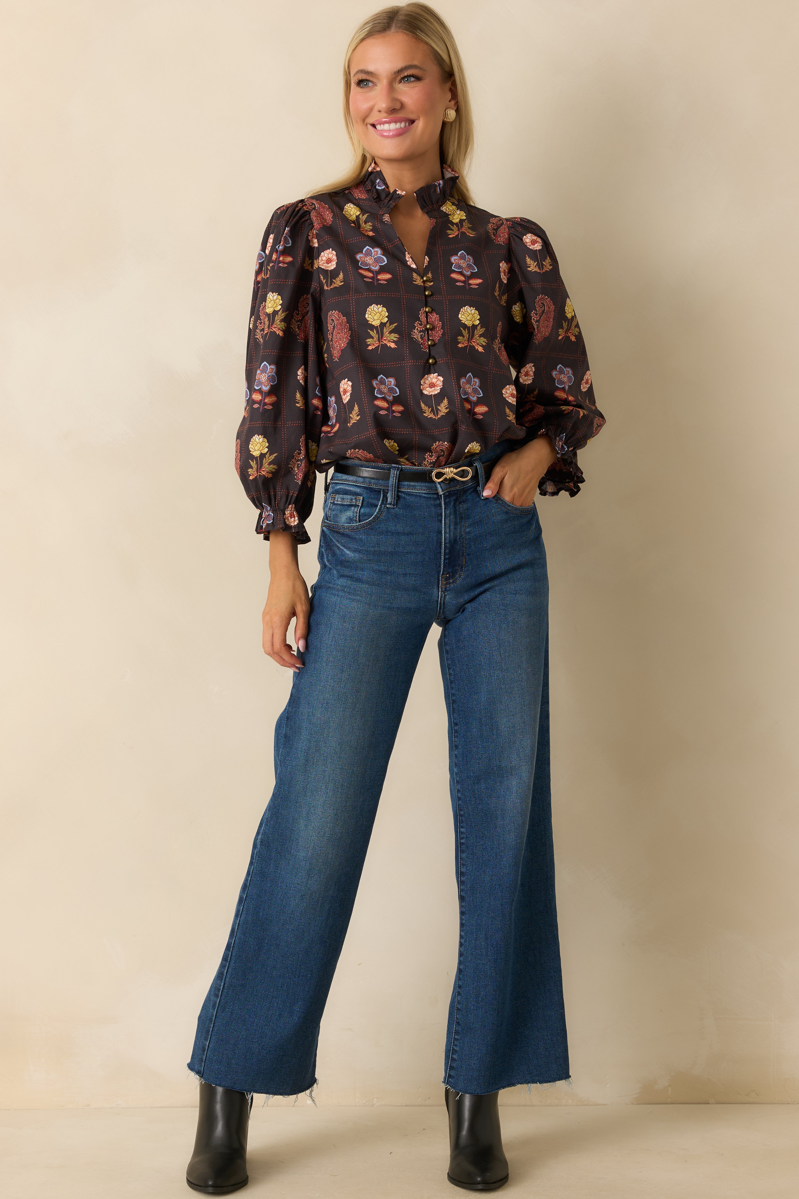 Everything’s Blooming Black Multi Floral Cotton Puff Sleeve Blouse