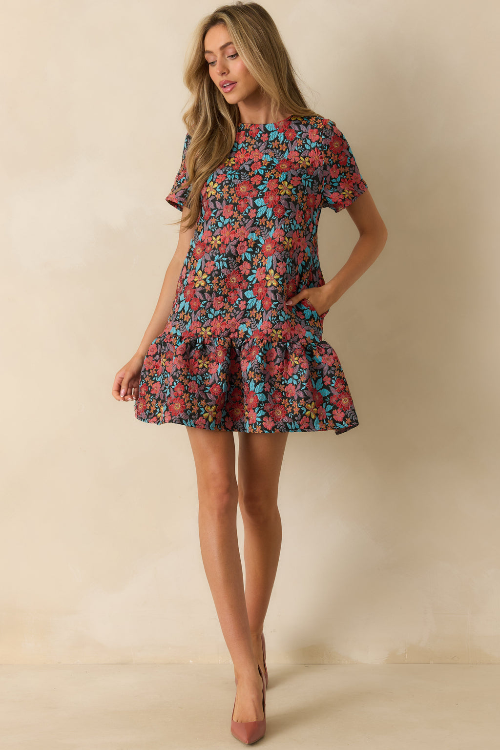 Full Bloom Ahead Black Multi Floral Jacquard Mini Dress