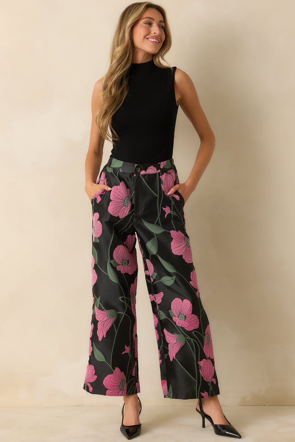 Garden Reverie Black Multi Floral Jacquard Wide Leg Pants