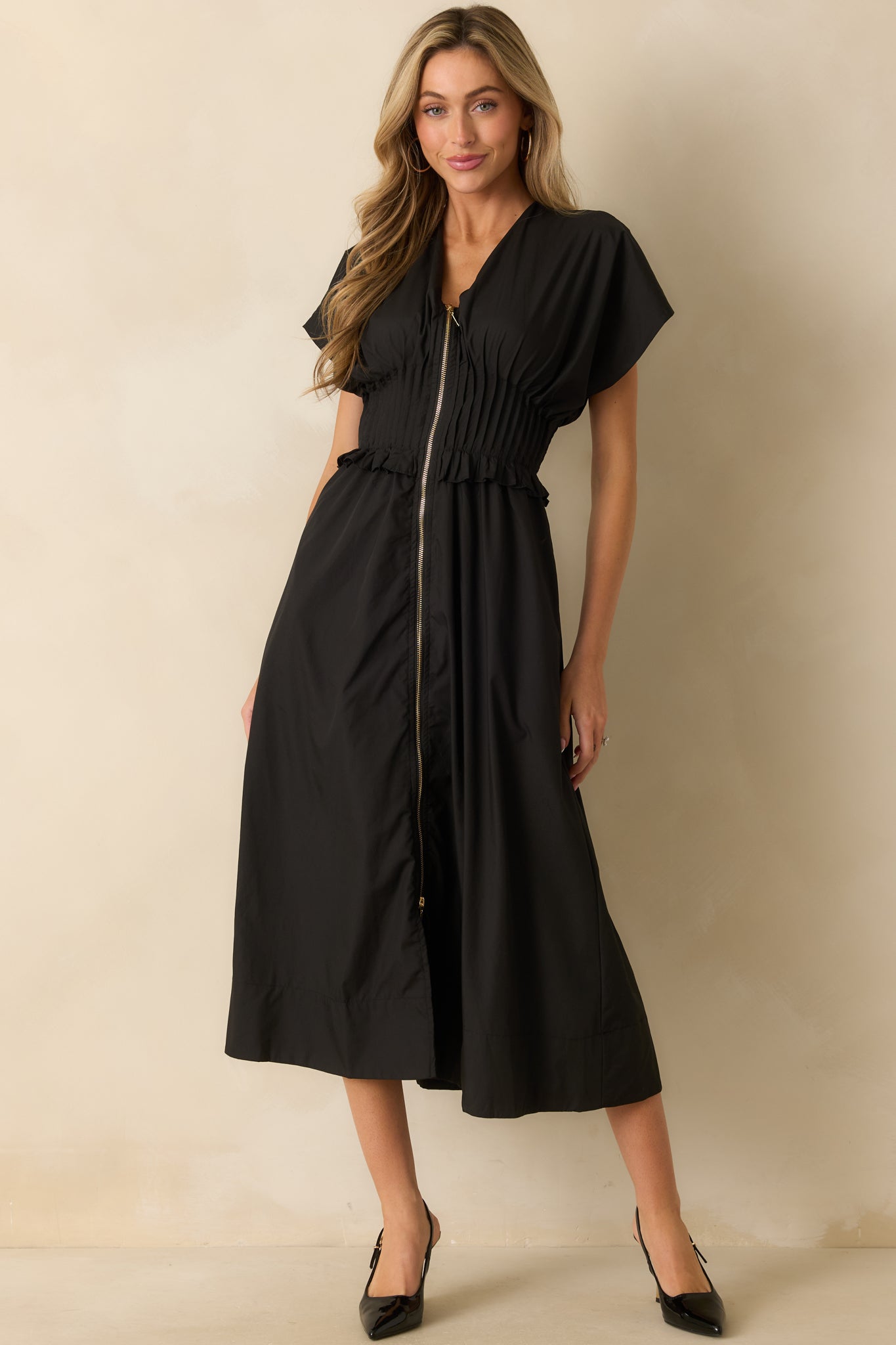 Let It Be Easy Black Smocked Waist Zip Maxi Dress