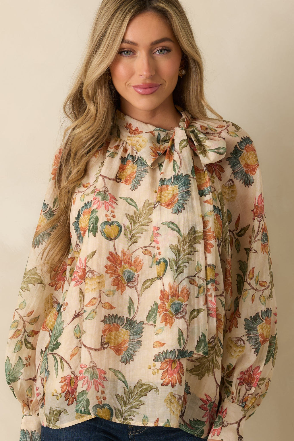 Fields of Grace Beige Multi Floral Print Cotton Bow Blouse