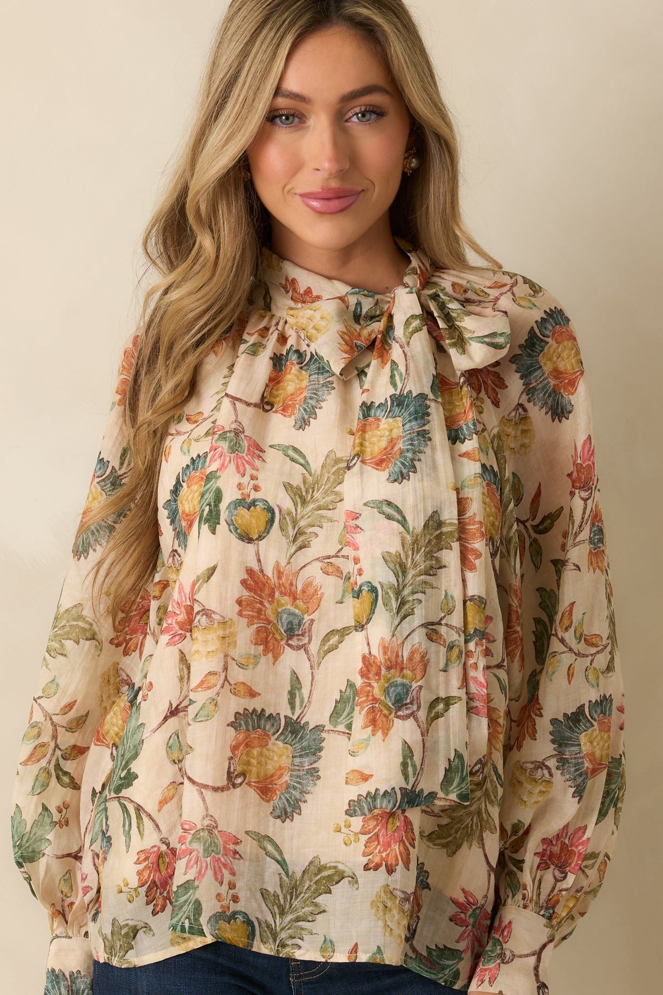 Fields of Grace Beige Multi Floral Print Cotton Bow Blouse