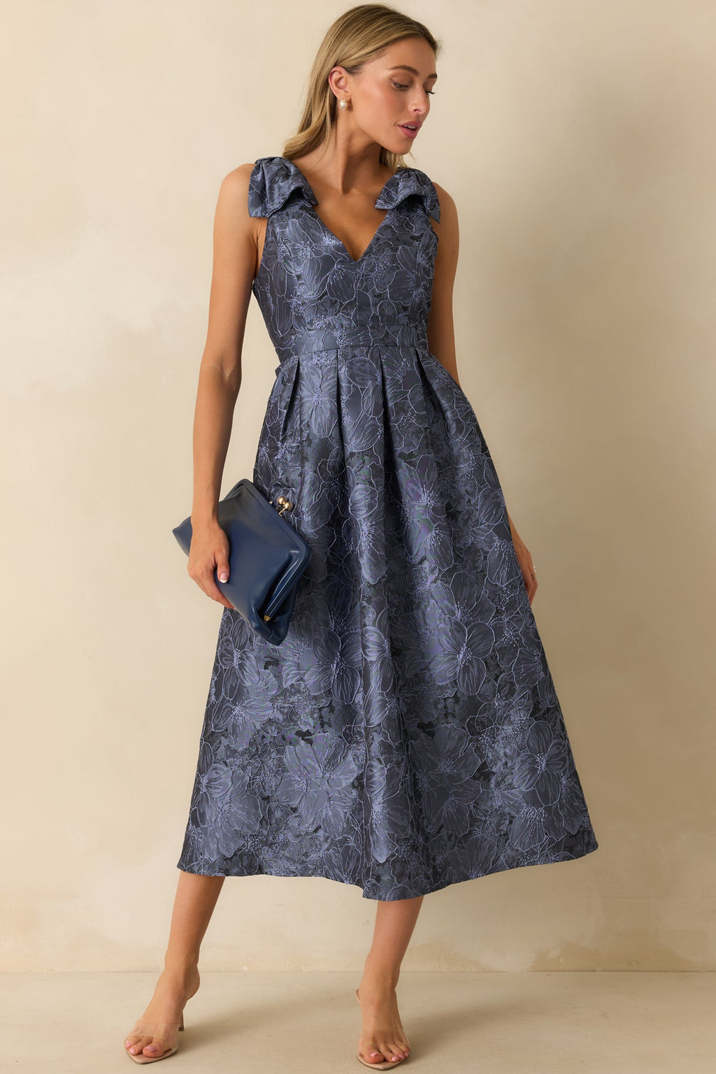 Enchanting Elegance Slate Blue Floral Jacquard Midi Dress