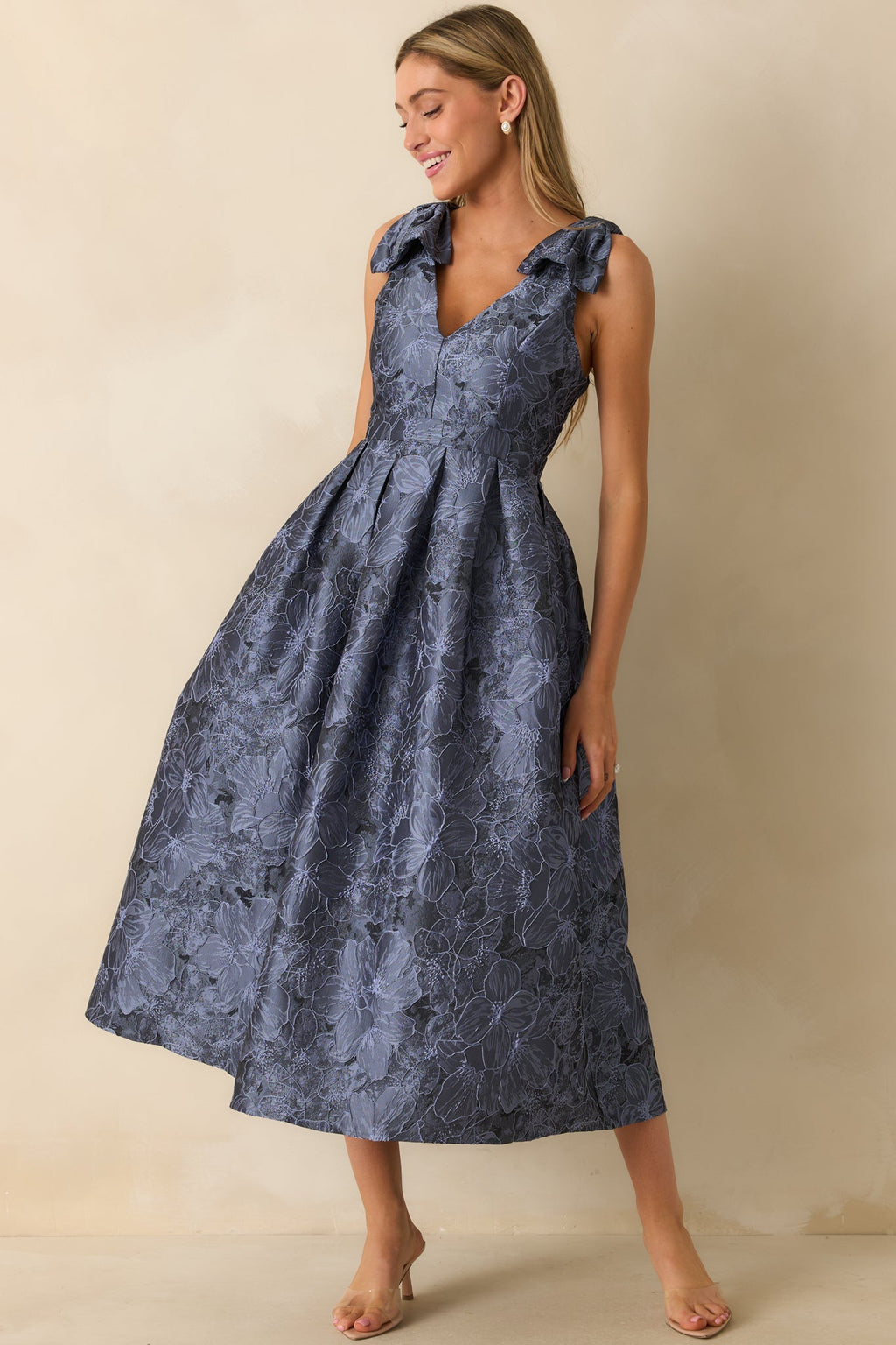 Enchanting Elegance Slate Blue Floral Jacquard Midi Dress