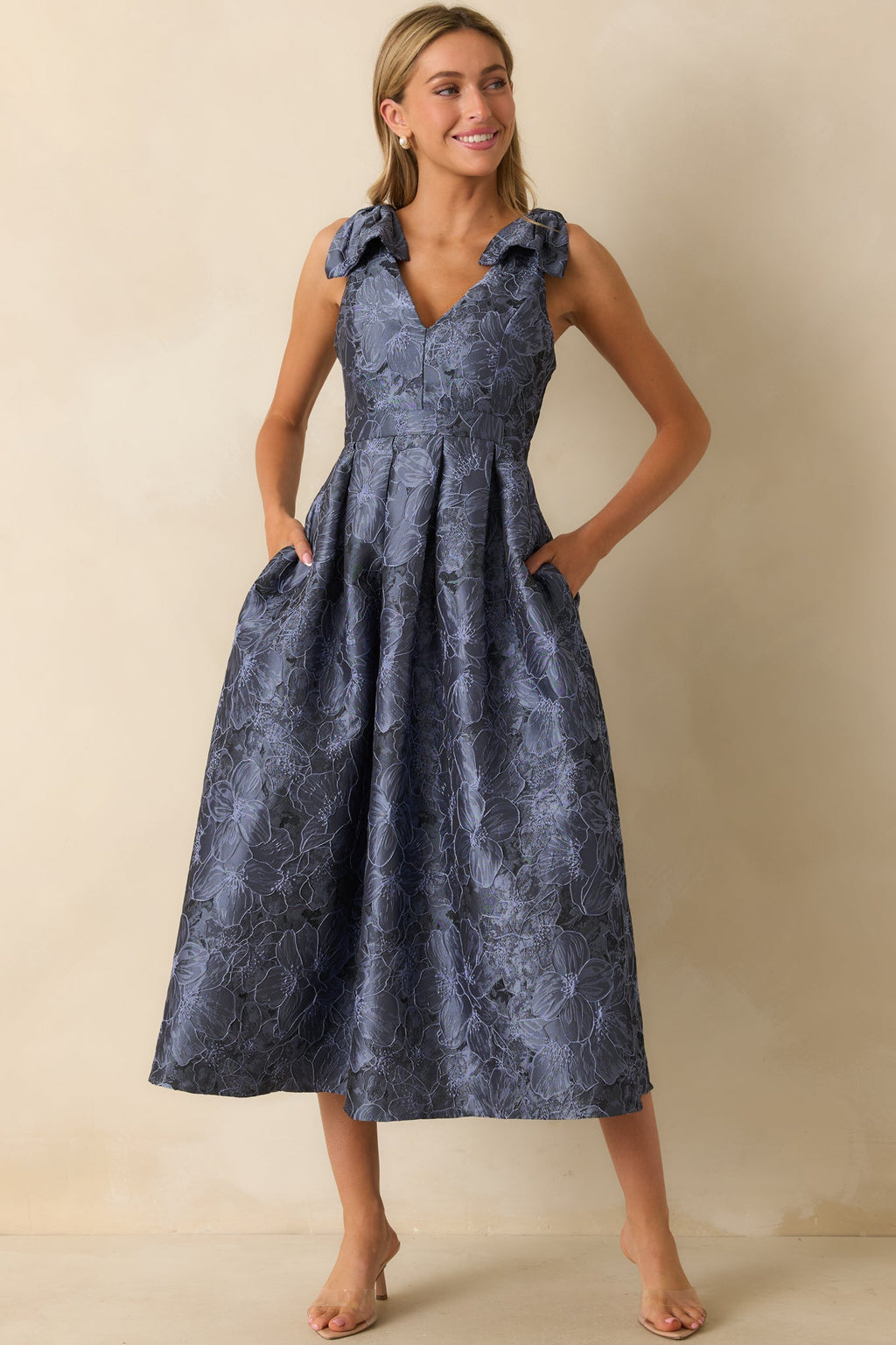 Enchanting Elegance Slate Blue Floral Jacquard Midi Dress