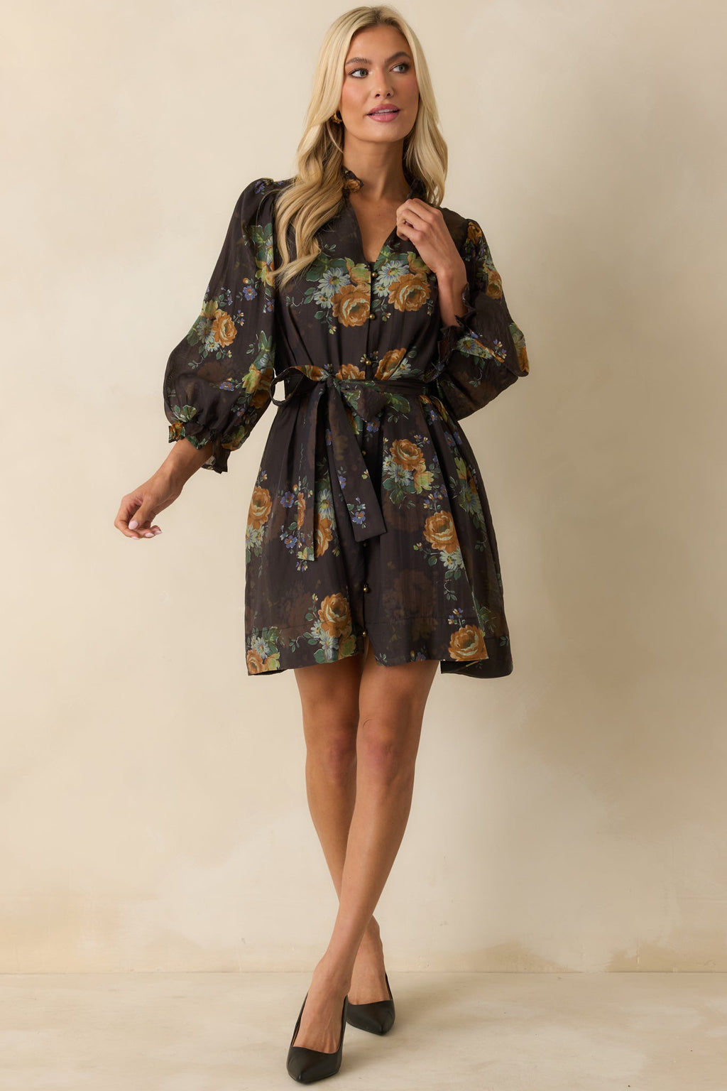 Rustic Romance Dark Brown Multi Floral Print Belted Mini Dress