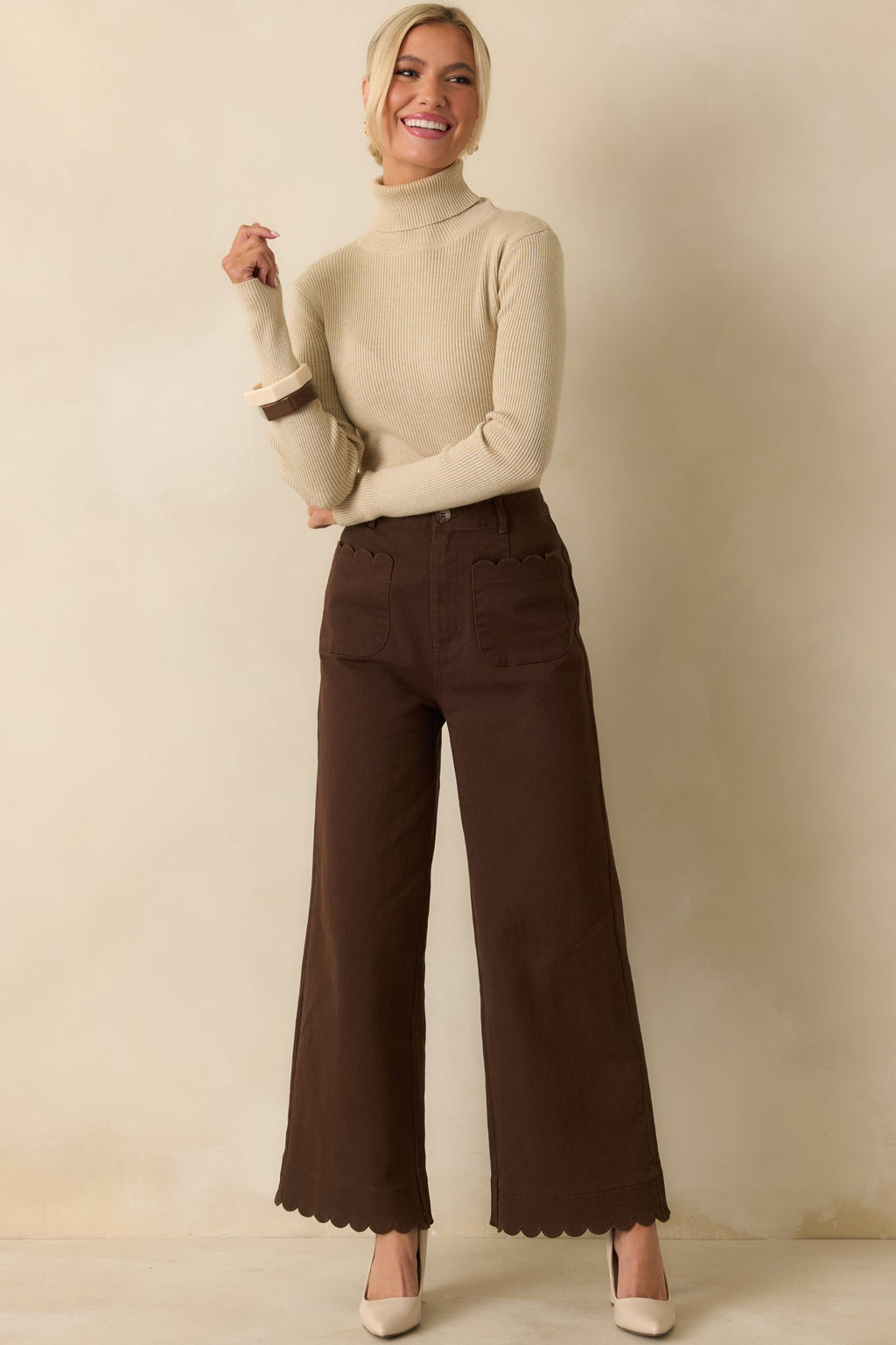 Set For The Day Brown Cotton Scalloped Wide Leg Pants