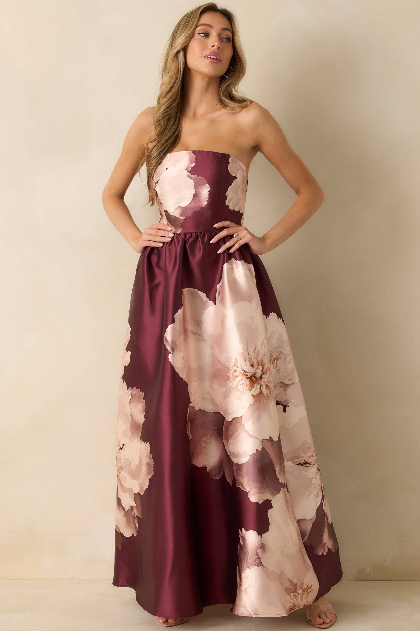 Simply Breathless Burgundy Floral Print Strapless Maxi Dress
