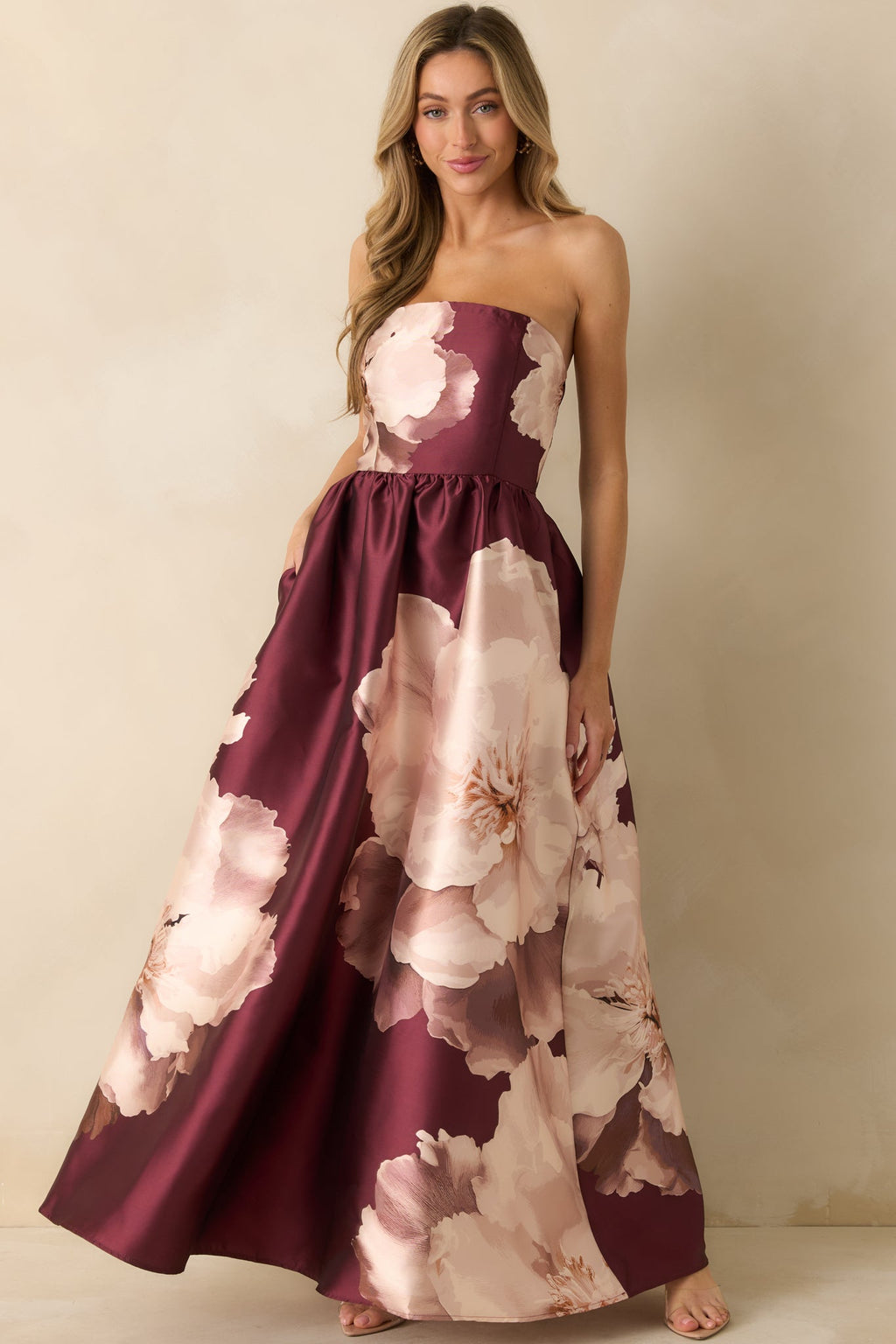 Simply Breathless Burgundy Floral Print Strapless Maxi Dress