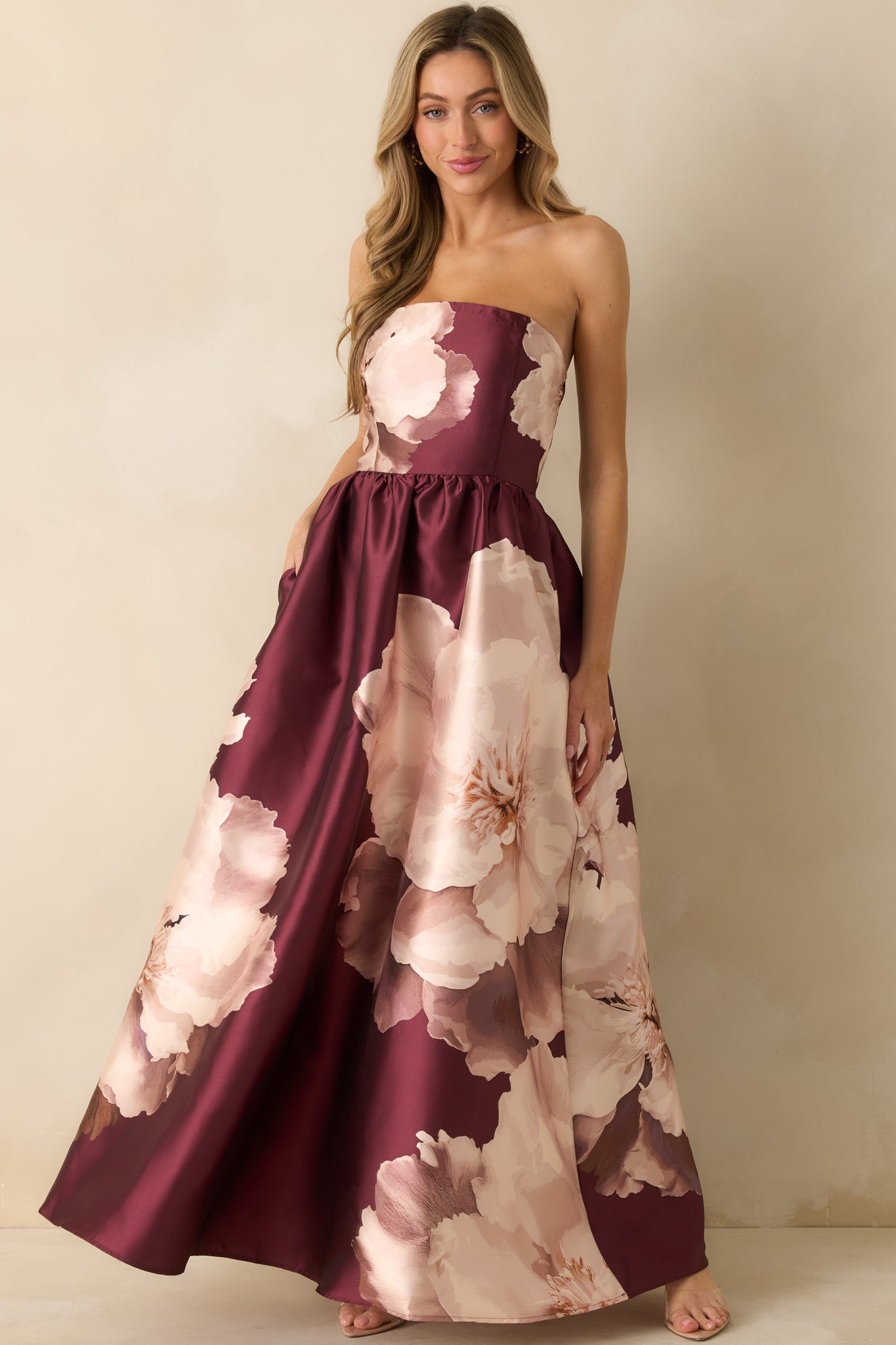 Simply Breathless Burgundy Floral Print Strapless Maxi Dress