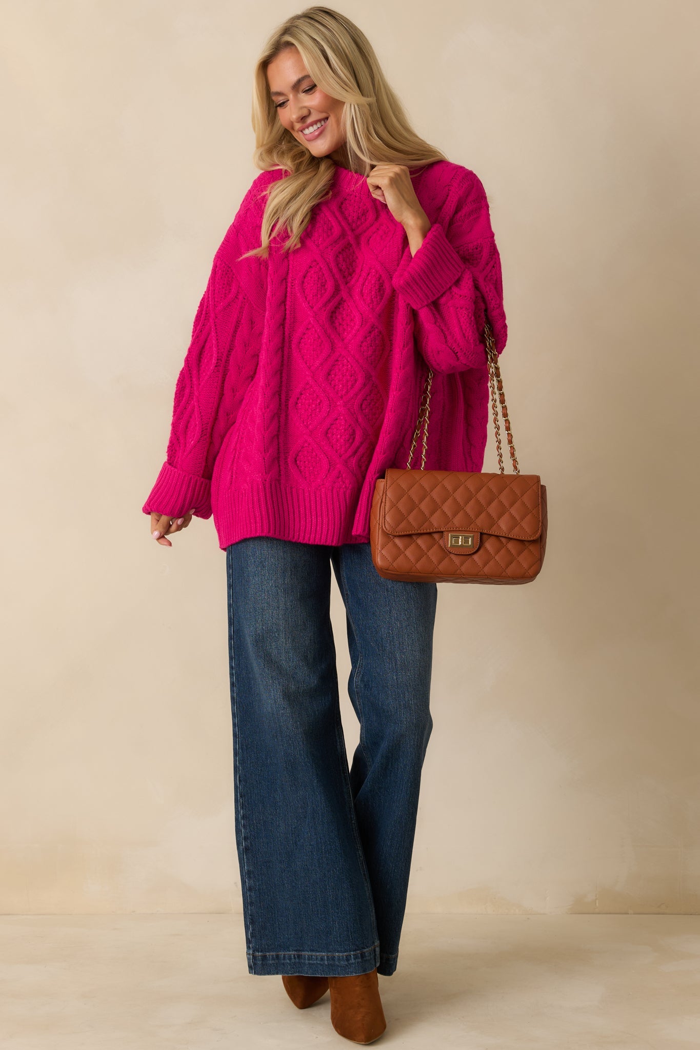 Feeling Bright Hot Pink Cable Knit Oversized Sweater