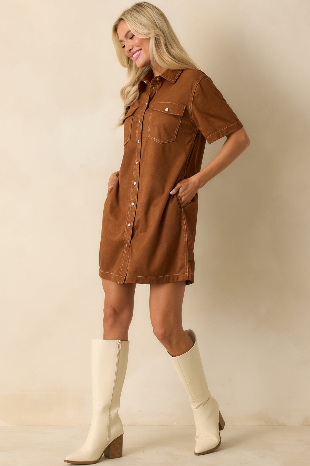 Many Possibilities Cinnamon Brown Button Up Mini Dress