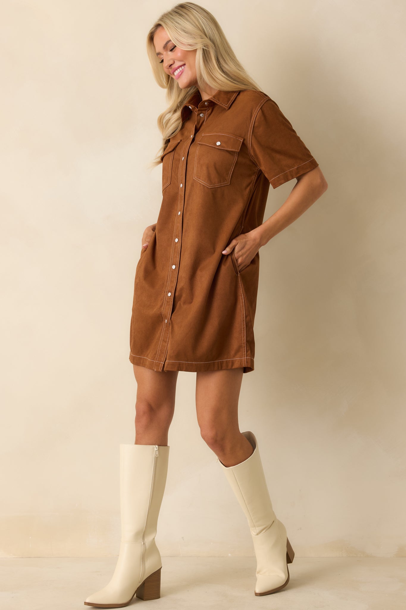 Many Possibilities Cinnamon Brown Button Up Mini Dress