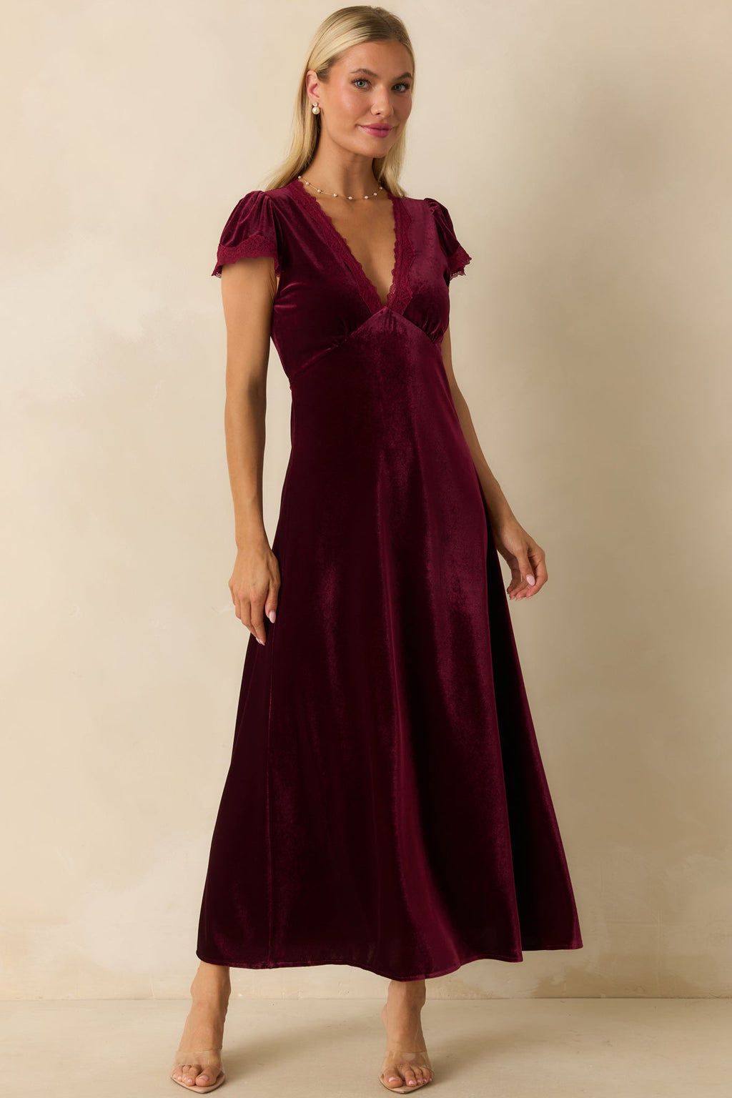 Made For The Moment Merlot V-Neck Velvet Maxi Dress