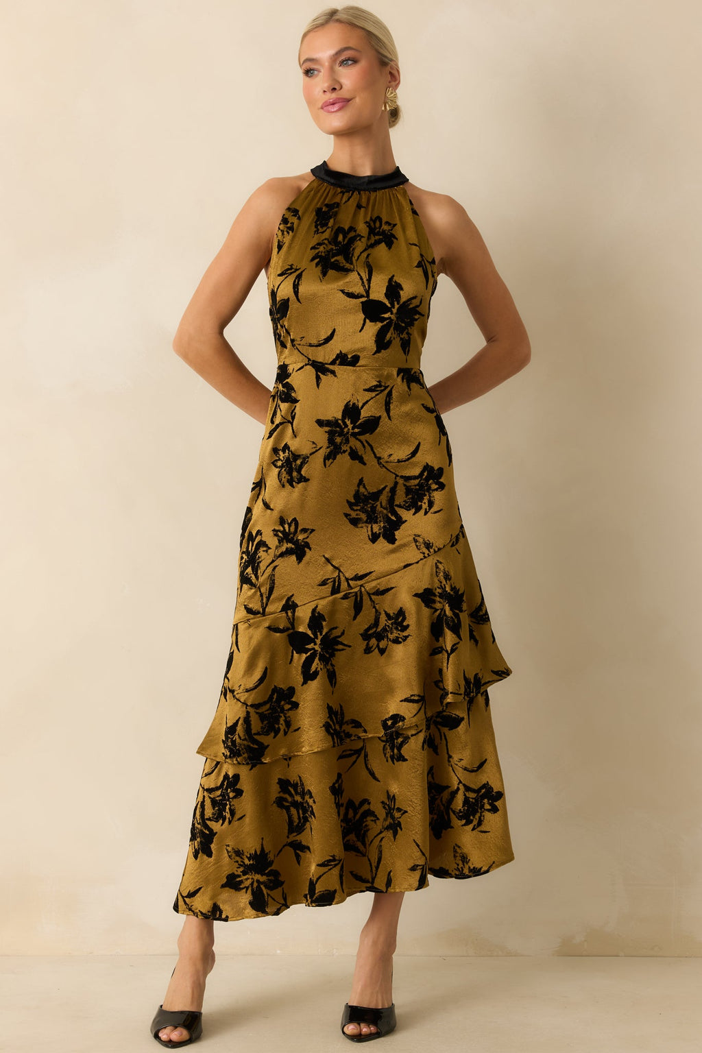 Sweet Recollection Dark Gold Floral Satin Maxi Dress
