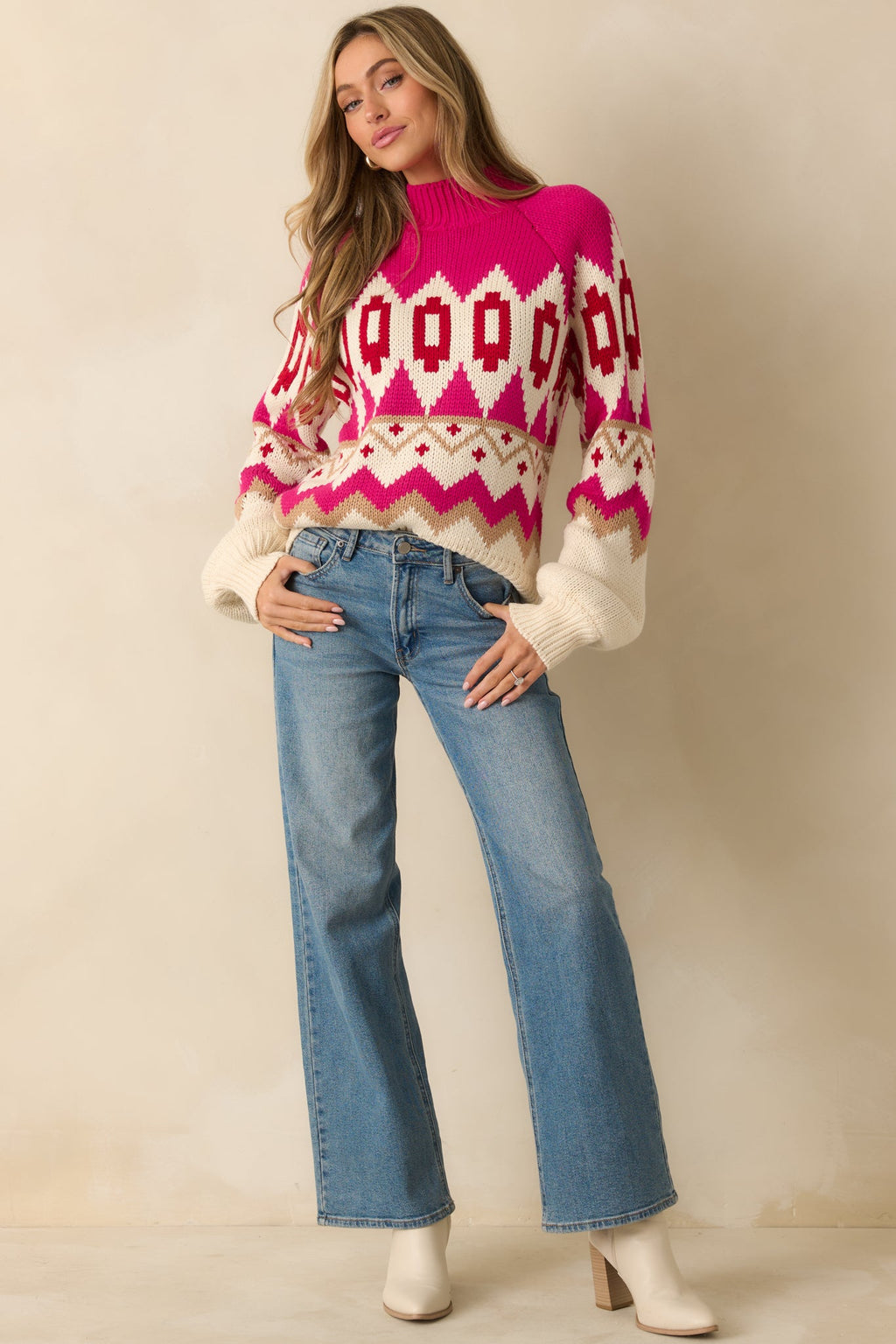 The Art of Warmth Fuchsia Pink Multi Knit Pattered Sweater