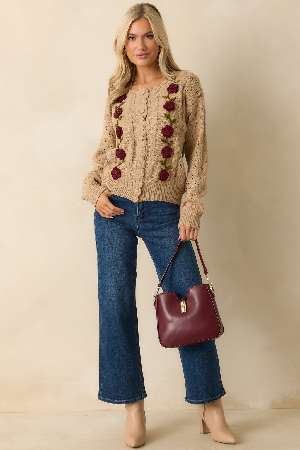Garden Variety Taupe Floral Knit Button-Up Cardigan