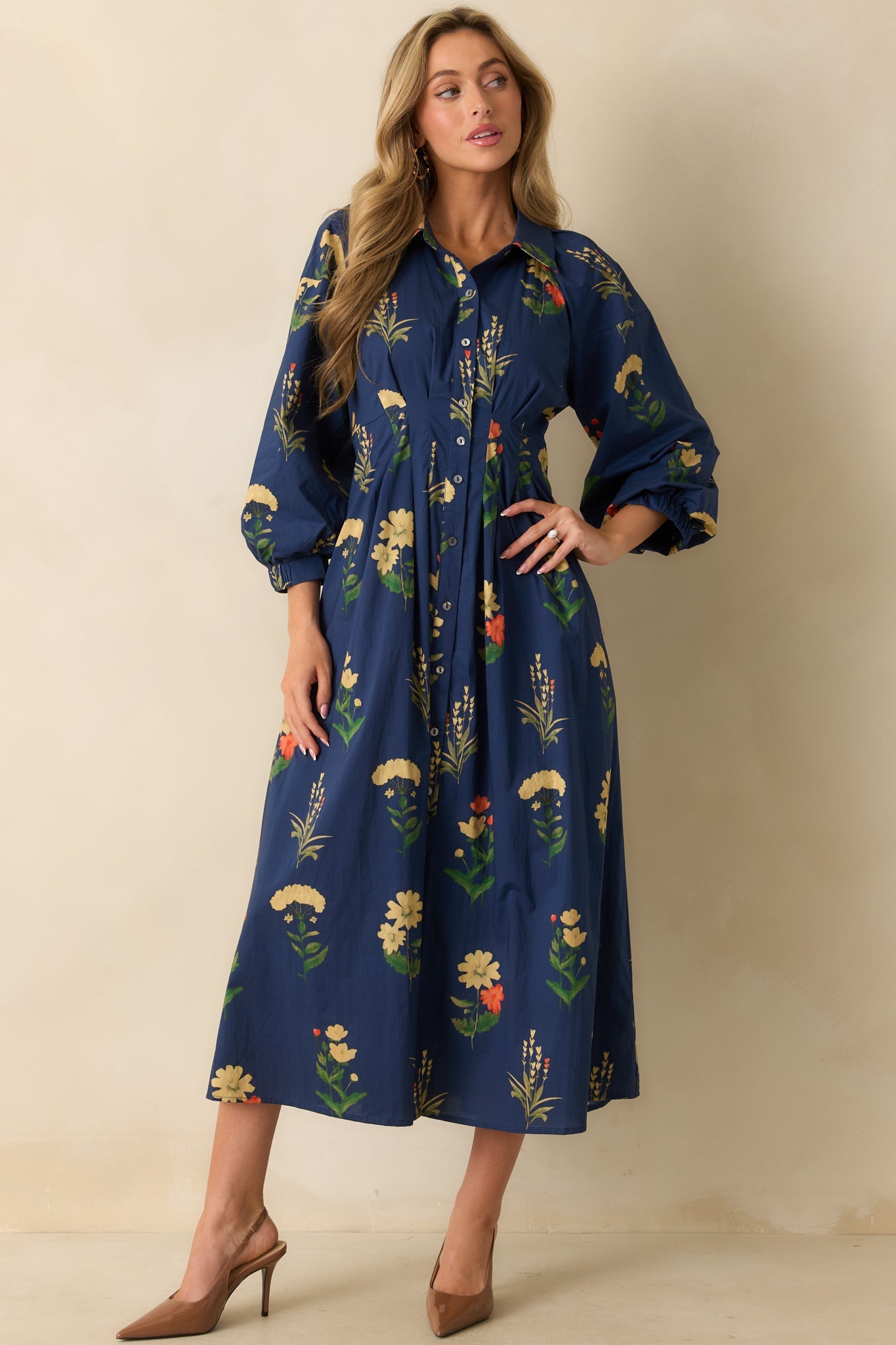 Endlessly Charmed Navy Multi Floral Print Cotton Button Front Maxi Dress