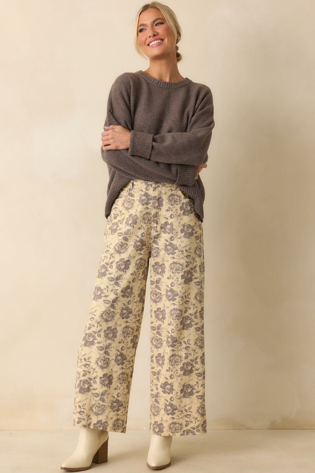Just Like Always Grey Floral Print Wide Leg Pants