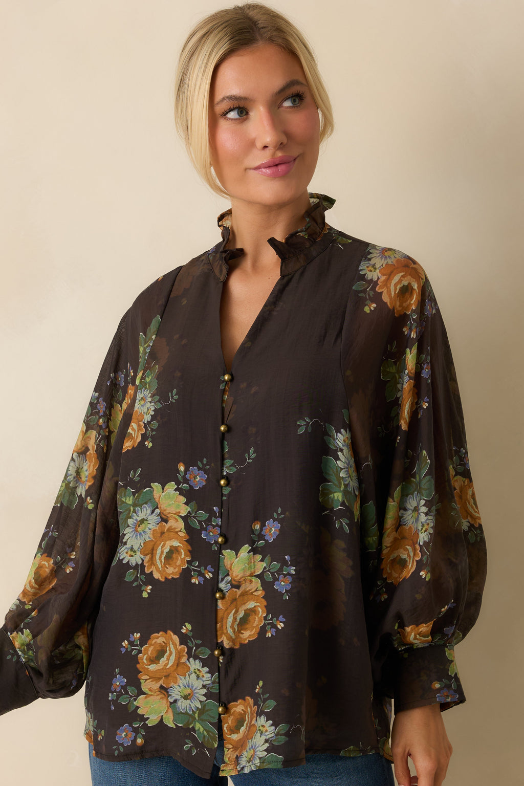 Sweet as Petals Brown Multi Floral Print Button Up Blouse