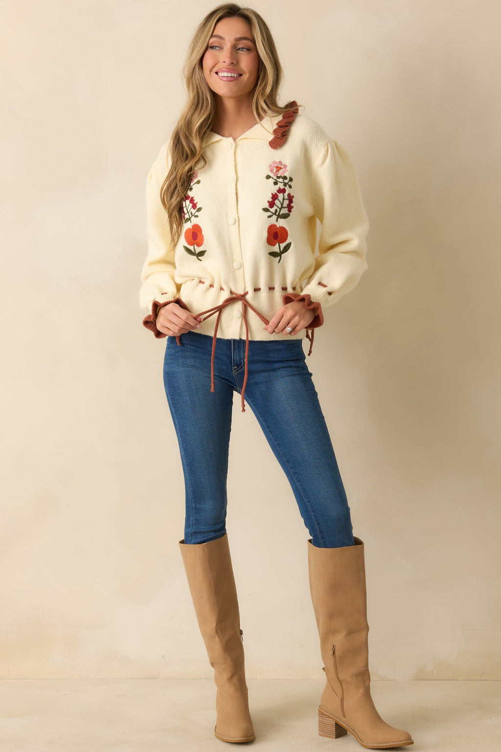 Harvest Bloom Ivory Floral Embroidered Button Up Cardigan Sweater