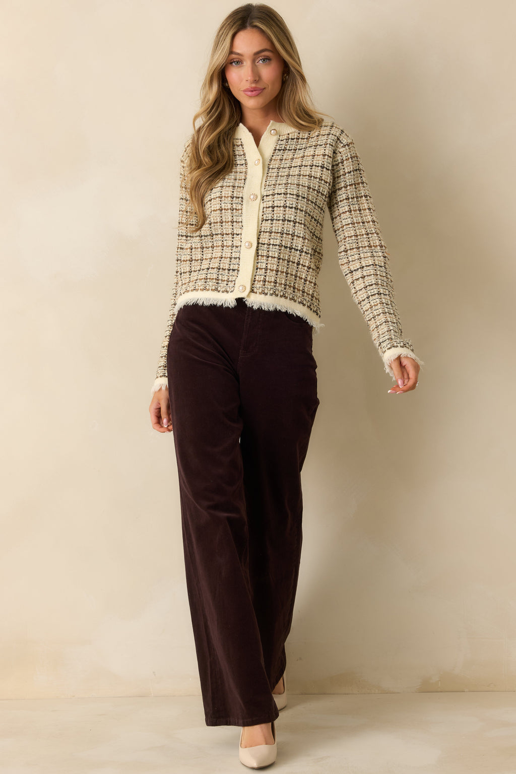 A Thoughtful Touch Ivory Plaid Pattern Knit Cardigan