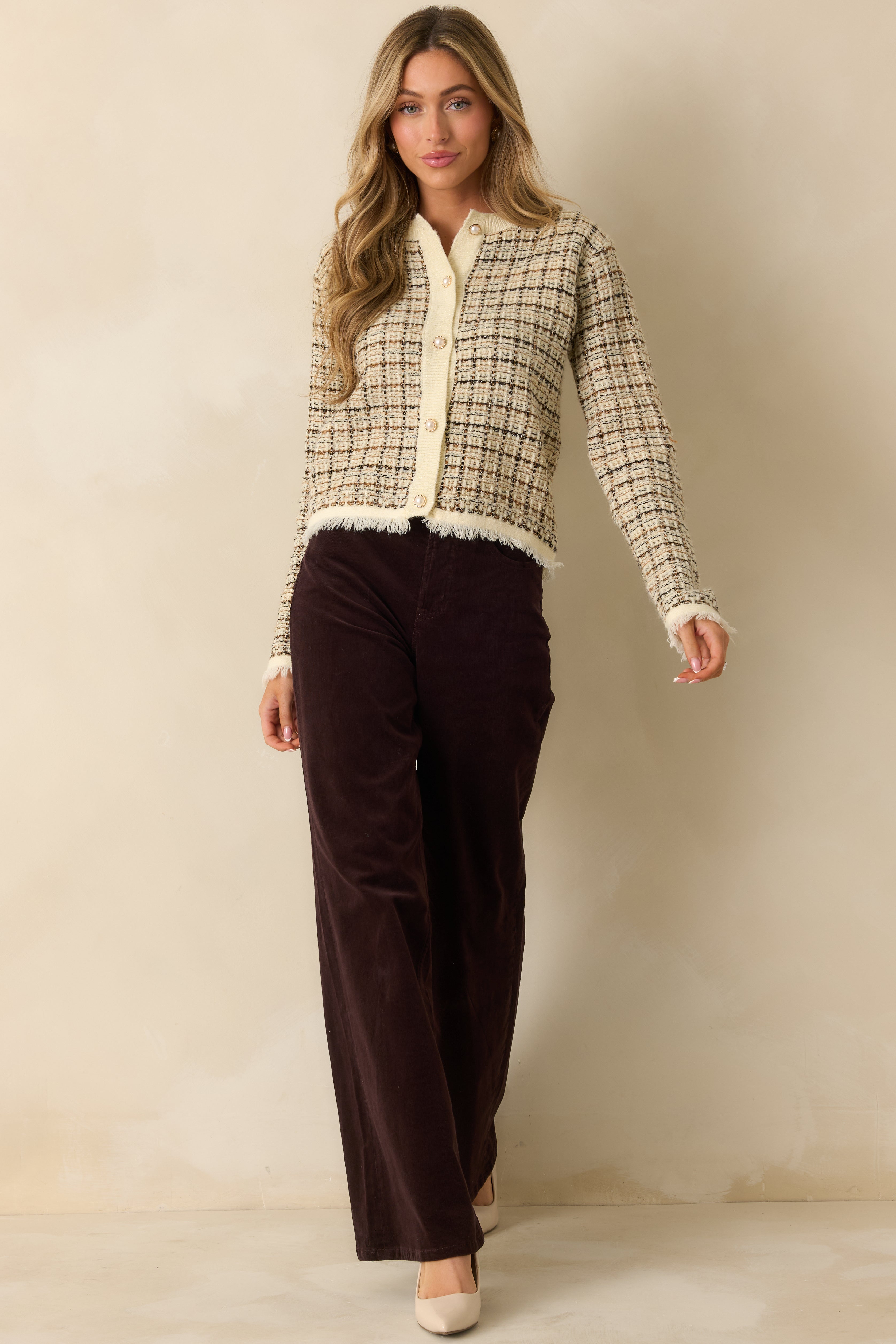 A Thoughtful Touch Ivory Plaid Pattern Knit Cardigan