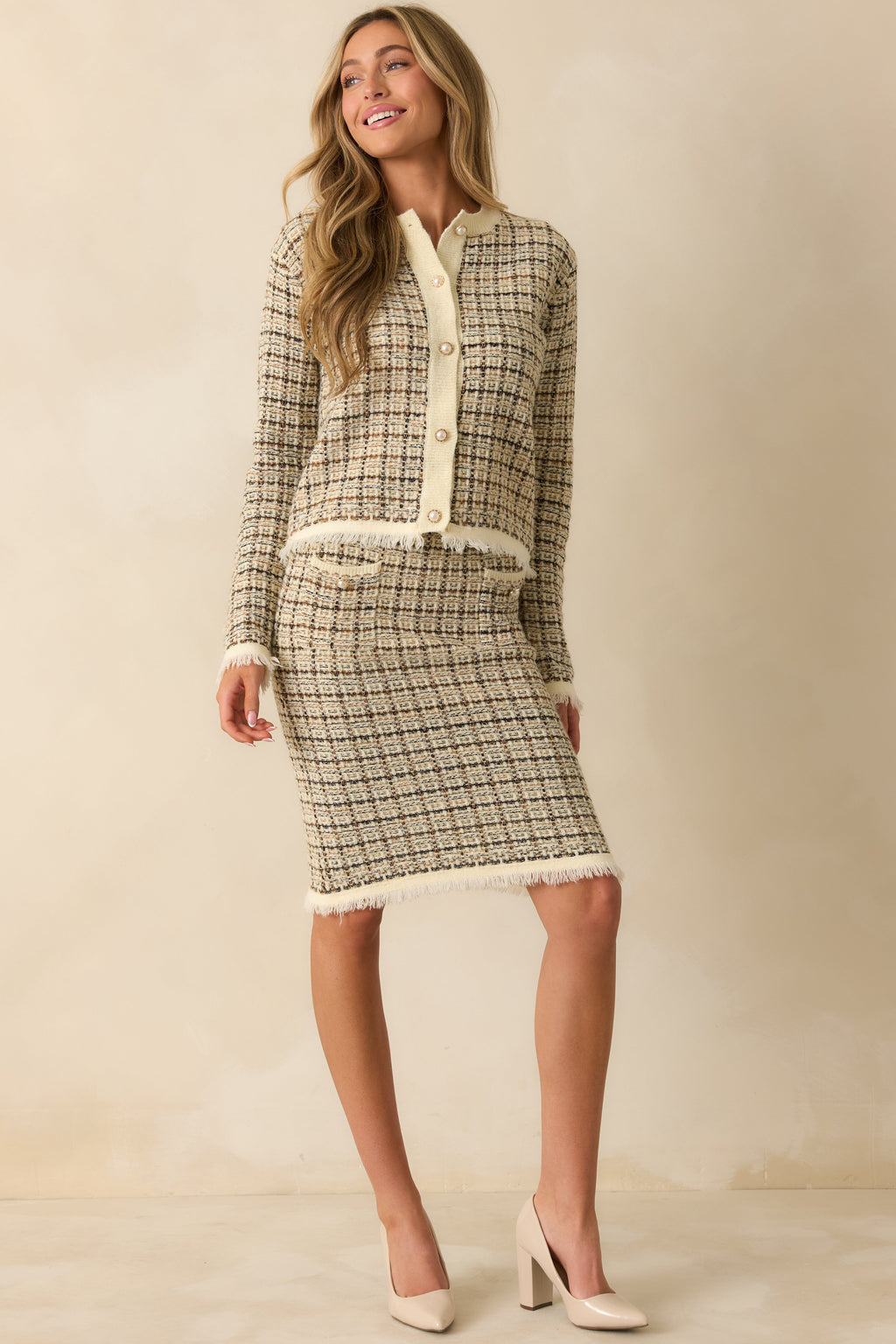 A Quiet Kind Ivory Plaid Pattern Knit Skirt