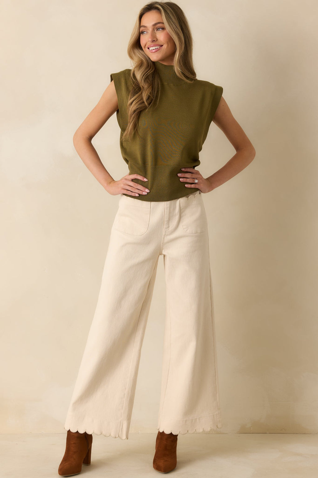 Set For The Day Ivory Cotton Scalloped Wide Leg Pants