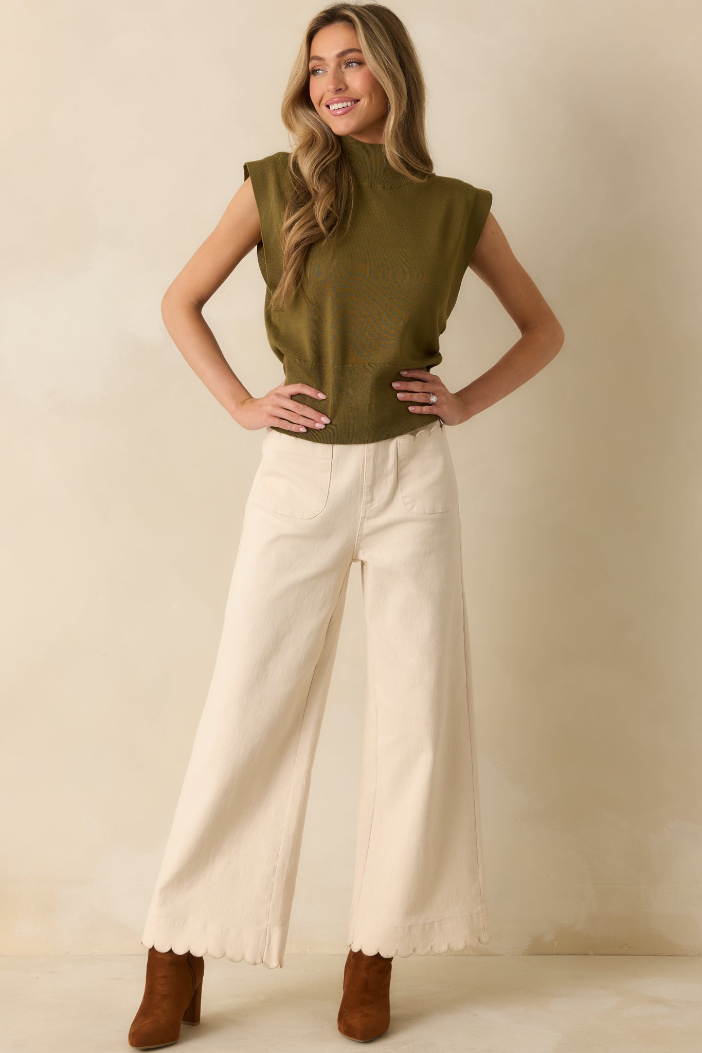 Set For The Day Ivory Cotton Scalloped Wide Leg Pants