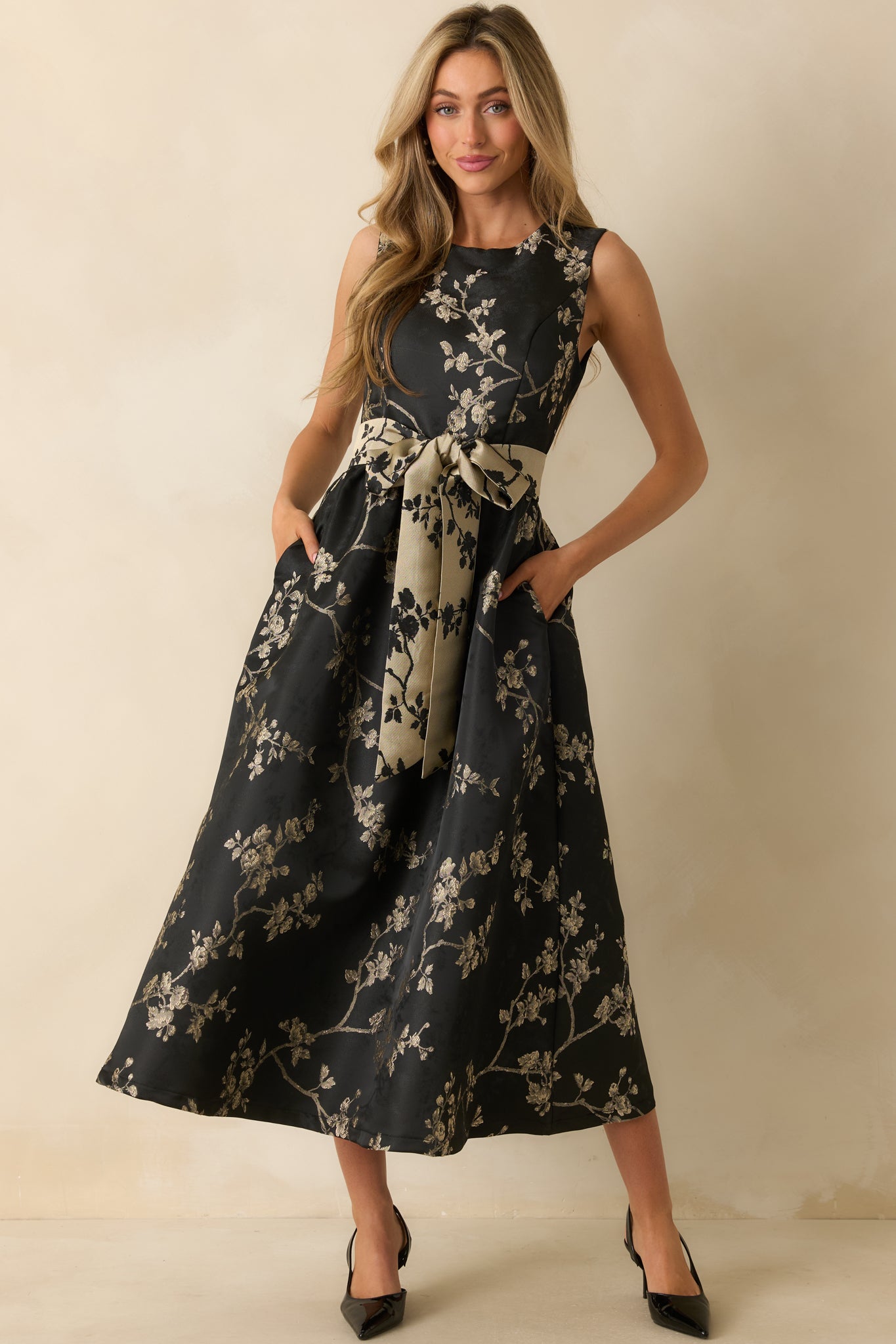 The Way She Blooms Black Floral Jacquard Bow Belt Maxi Dress