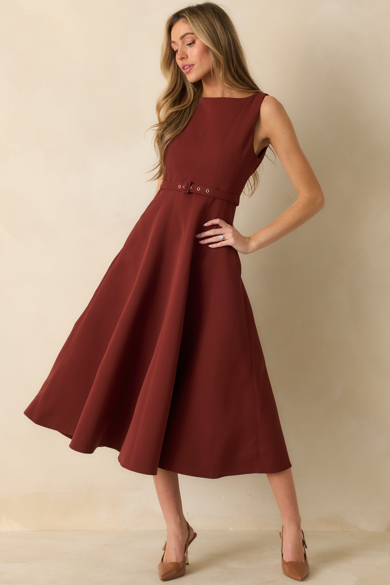 Timely Matter Dark Rust Red Belted Sleeveless Midi Dress