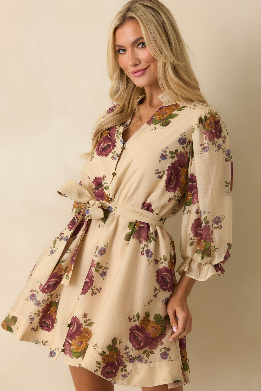 Rustic Romance Beige Multi Floral Print Belted Mini Dress