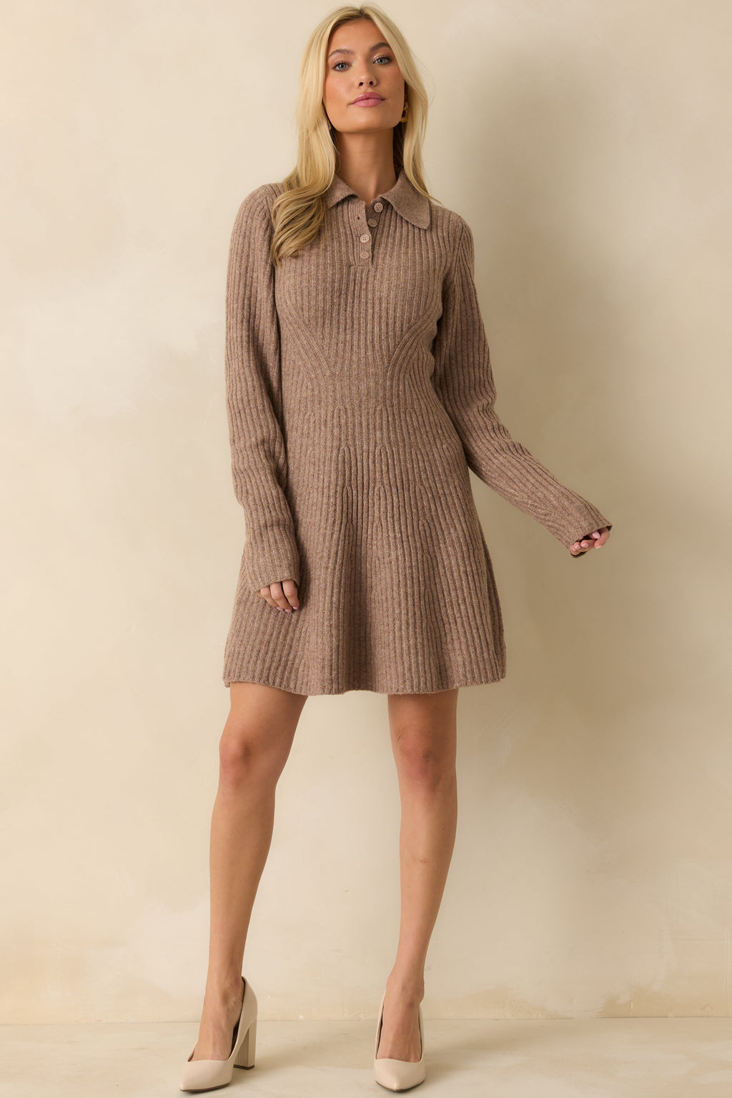 Feels Like Now Mocha Brown Ribbed Knit Sweater Mini Dress