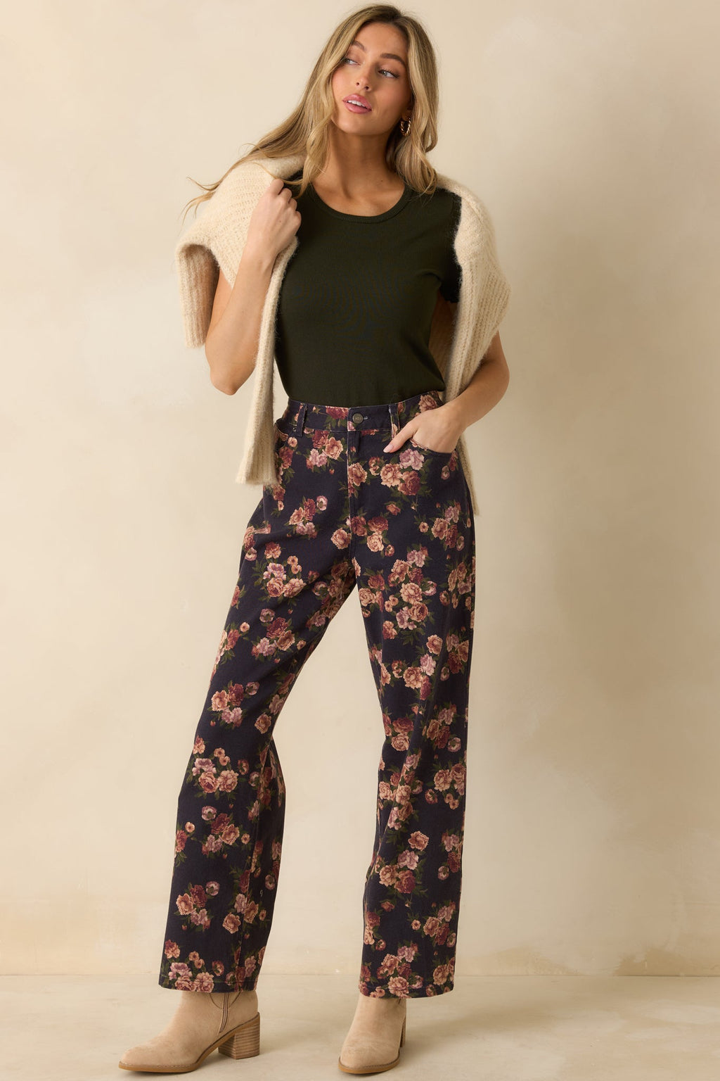 Step By Step Navy Floral Straight Leg Jeans