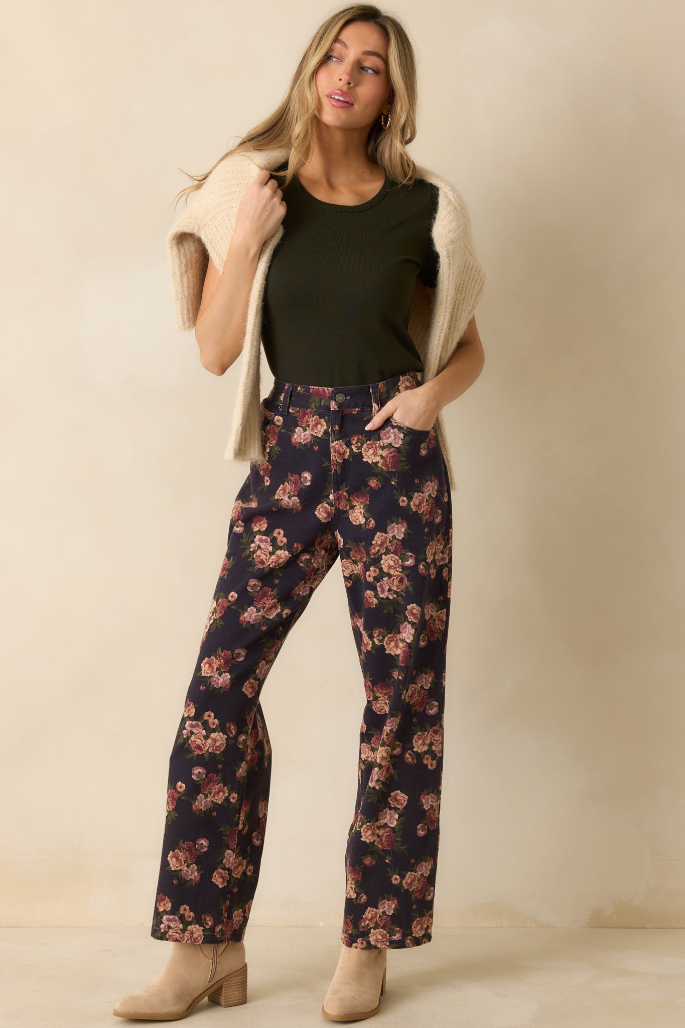 Step By Step Navy Floral Straight Leg Jeans