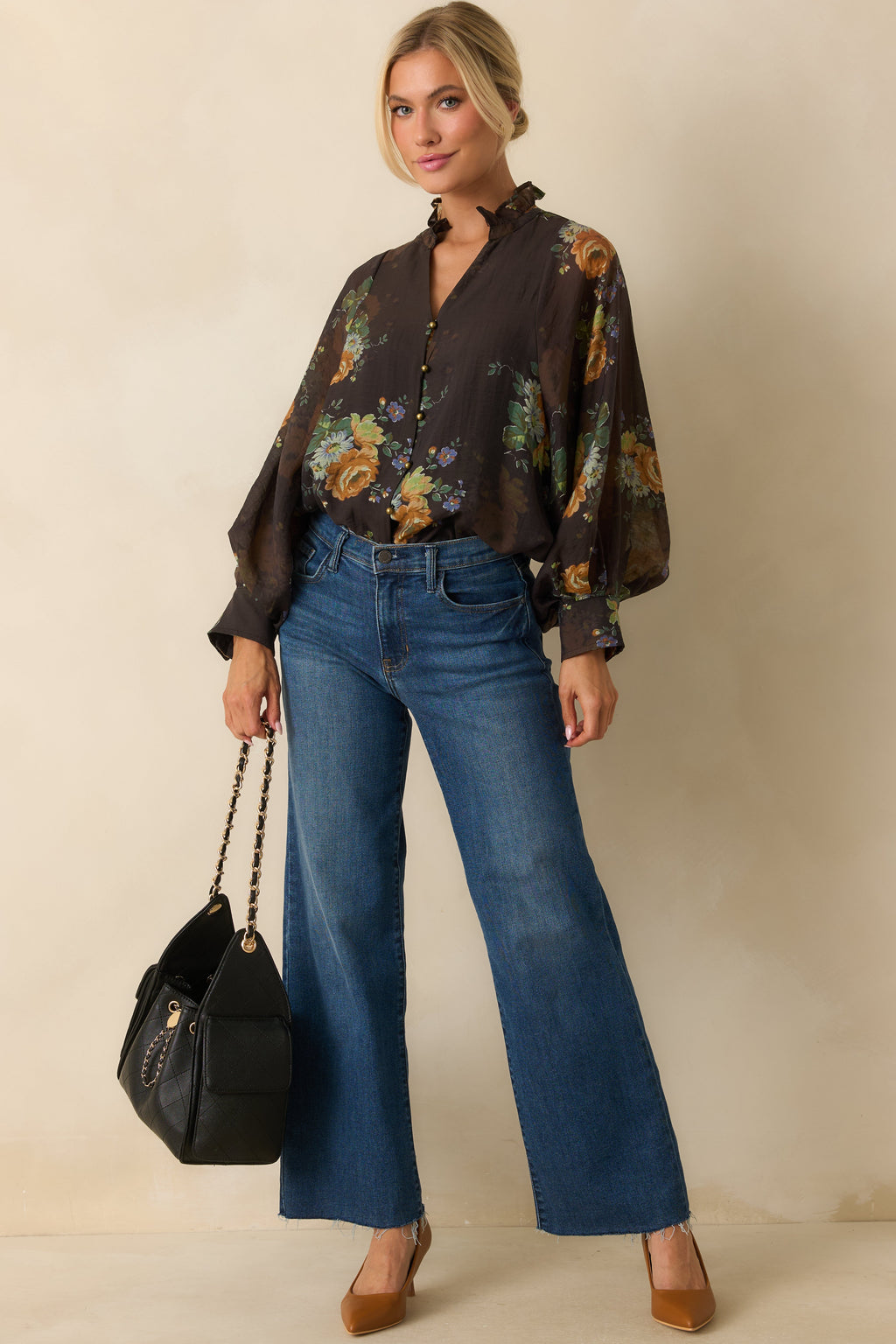 Sweet as Petals Brown Multi Floral Print Button Up Blouse