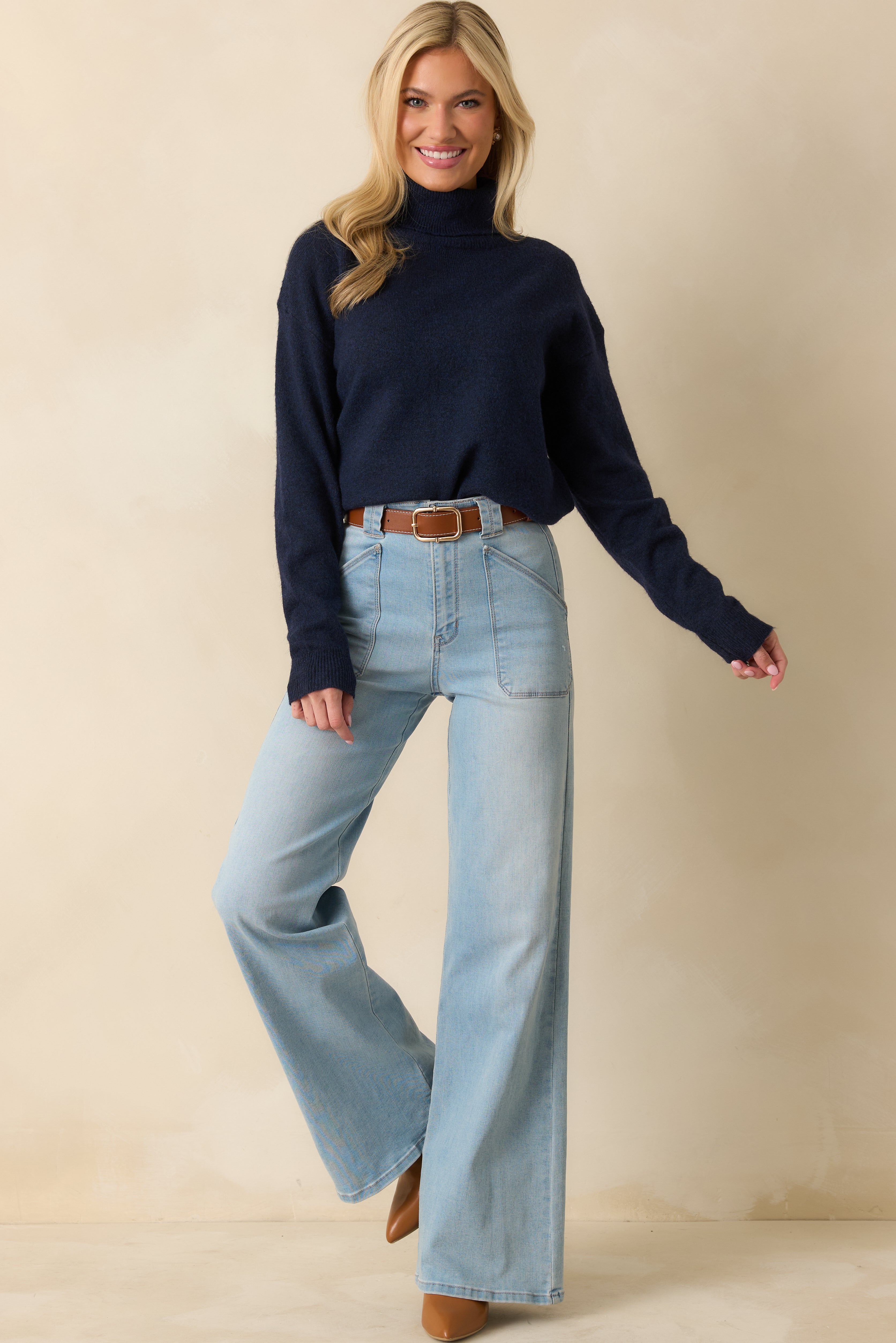 For The Best Navy Knit Long Sleeve Turtleneck Sweater