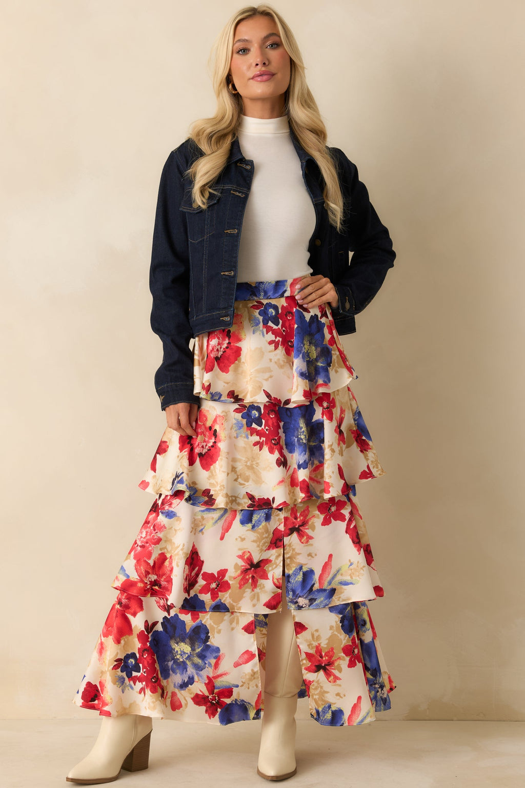 Flourish and Flow Ivory & Red Multi Floral Print Tiered Maxi Skirt