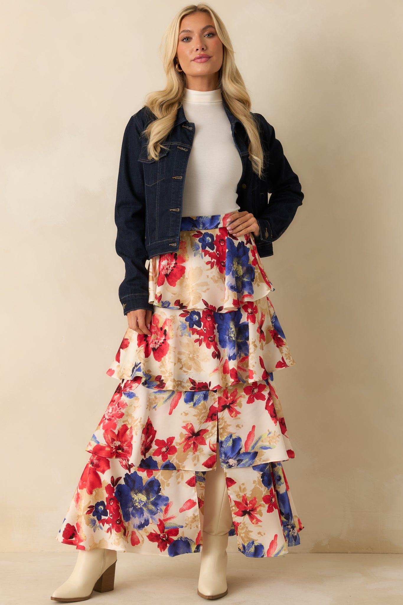 Flourish and Flow Ivory & Red Multi Floral Print Tiered Maxi Skirt