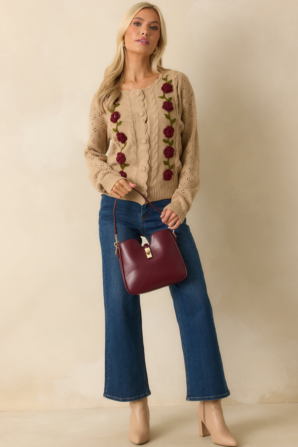 Garden Variety Taupe Floral Knit Button-Up Cardigan