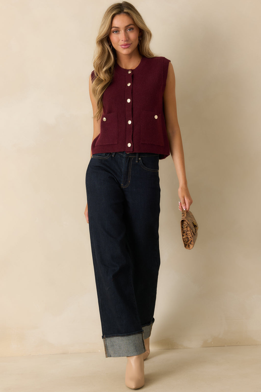 Keep Me Near Wine Red Button Front Sweater Vest