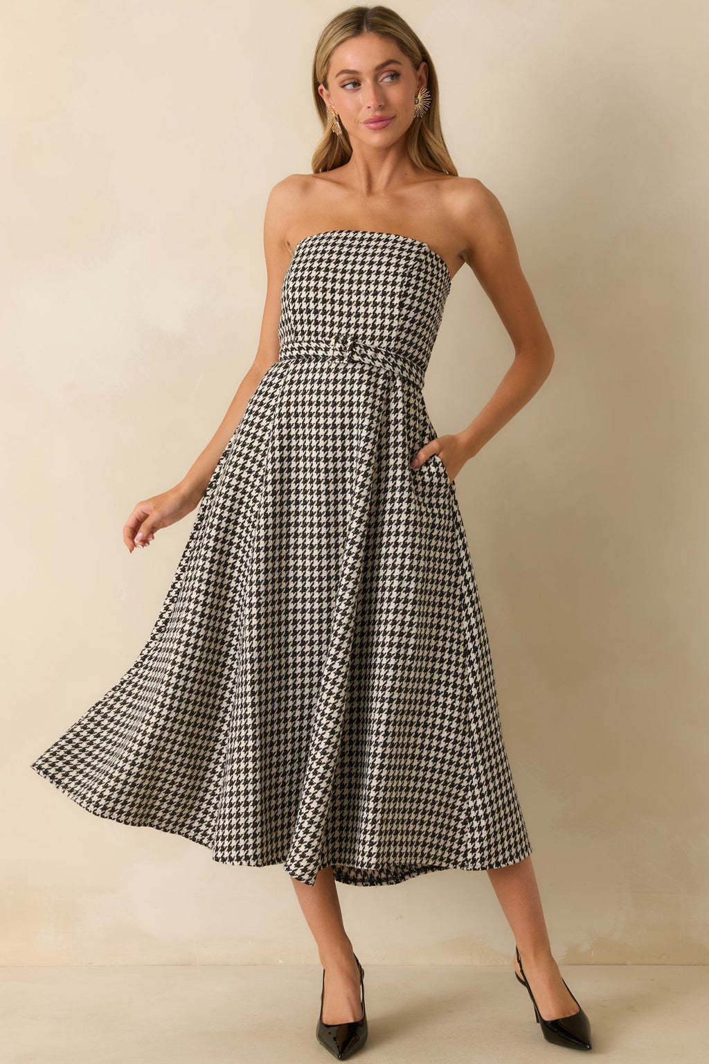 Something To Remember Black Houndstooth Belted Bandeau Midi Dress