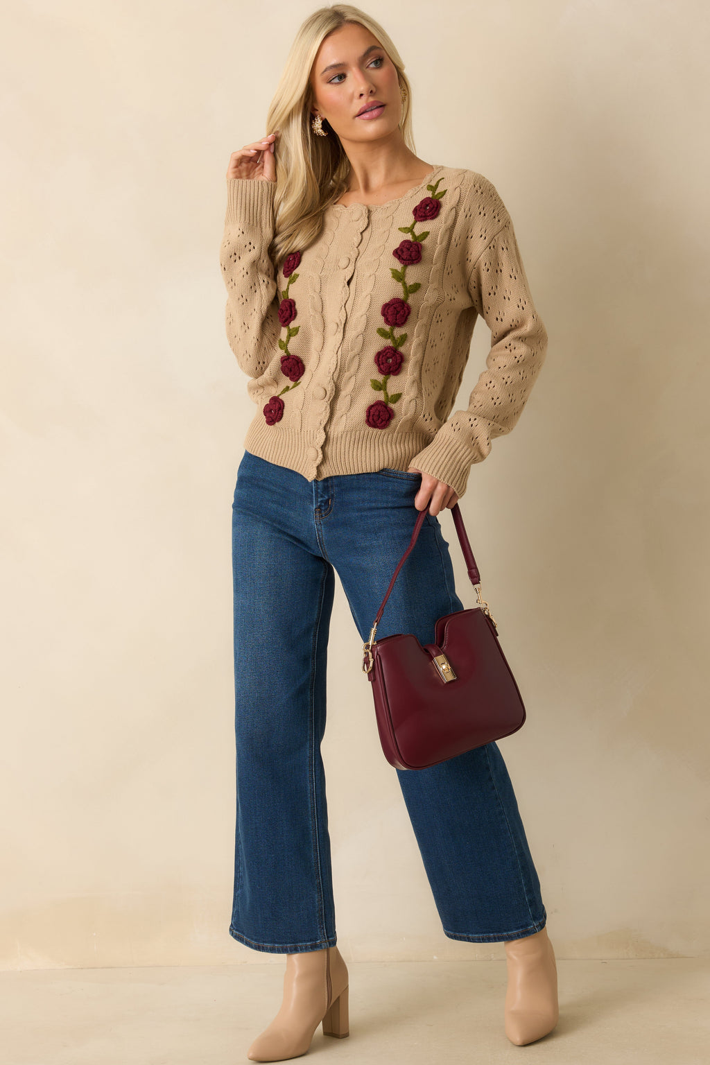 Garden Variety Taupe Floral Knit Button-Up Cardigan