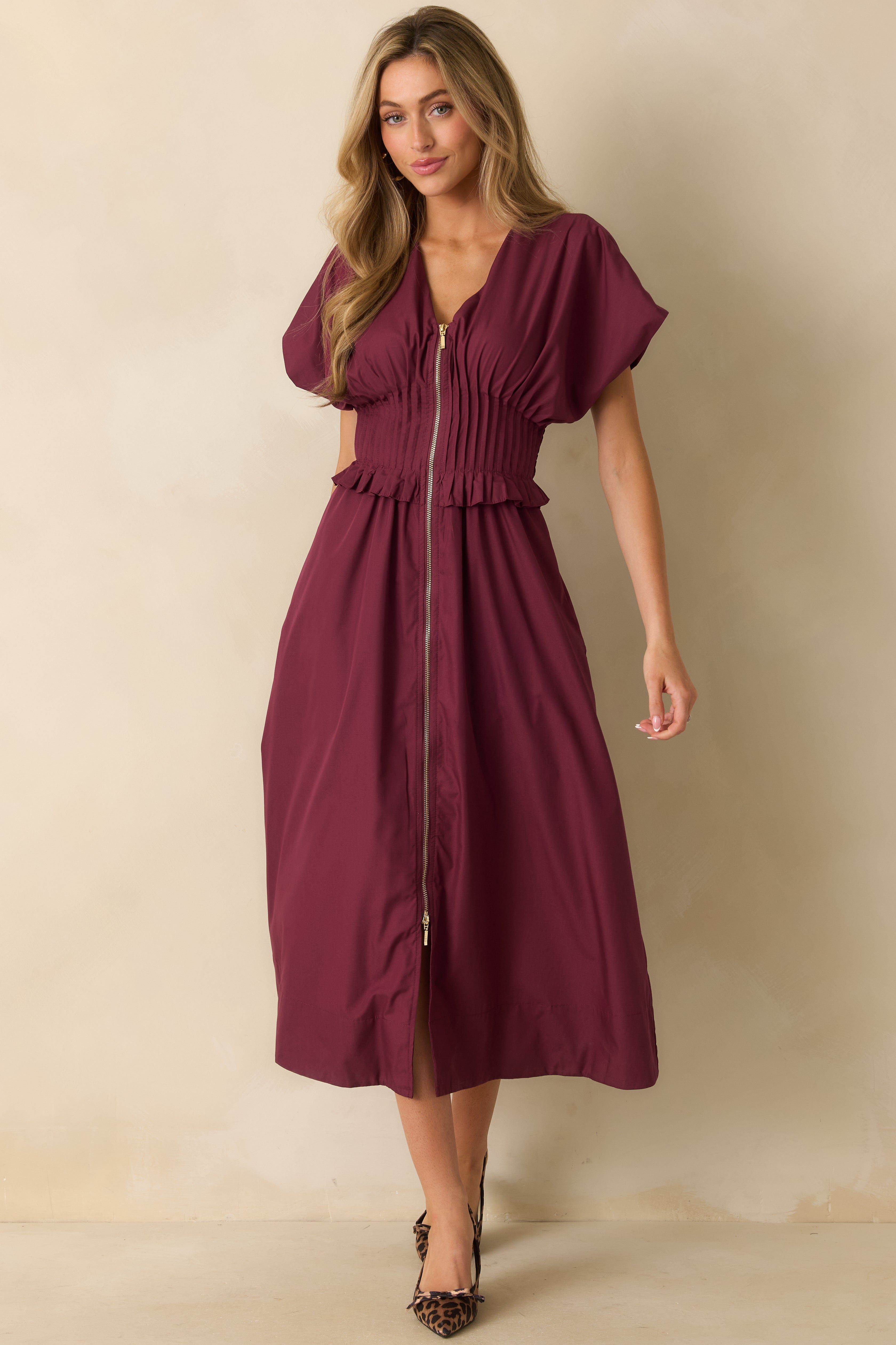 Let It Be Easy Wine Red Smocked Waist Zip Maxi Dress