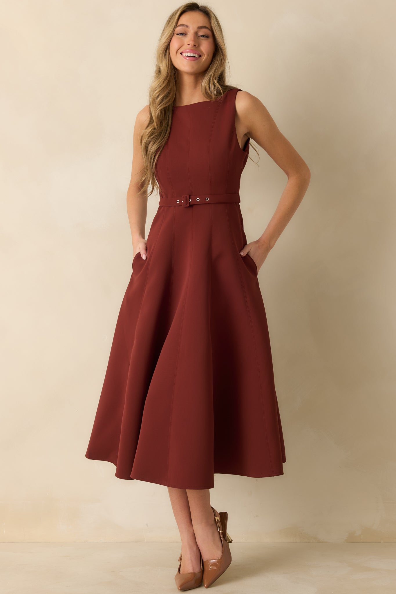 Timely Matter Dark Rust Red Belted Sleeveless Midi Dress
