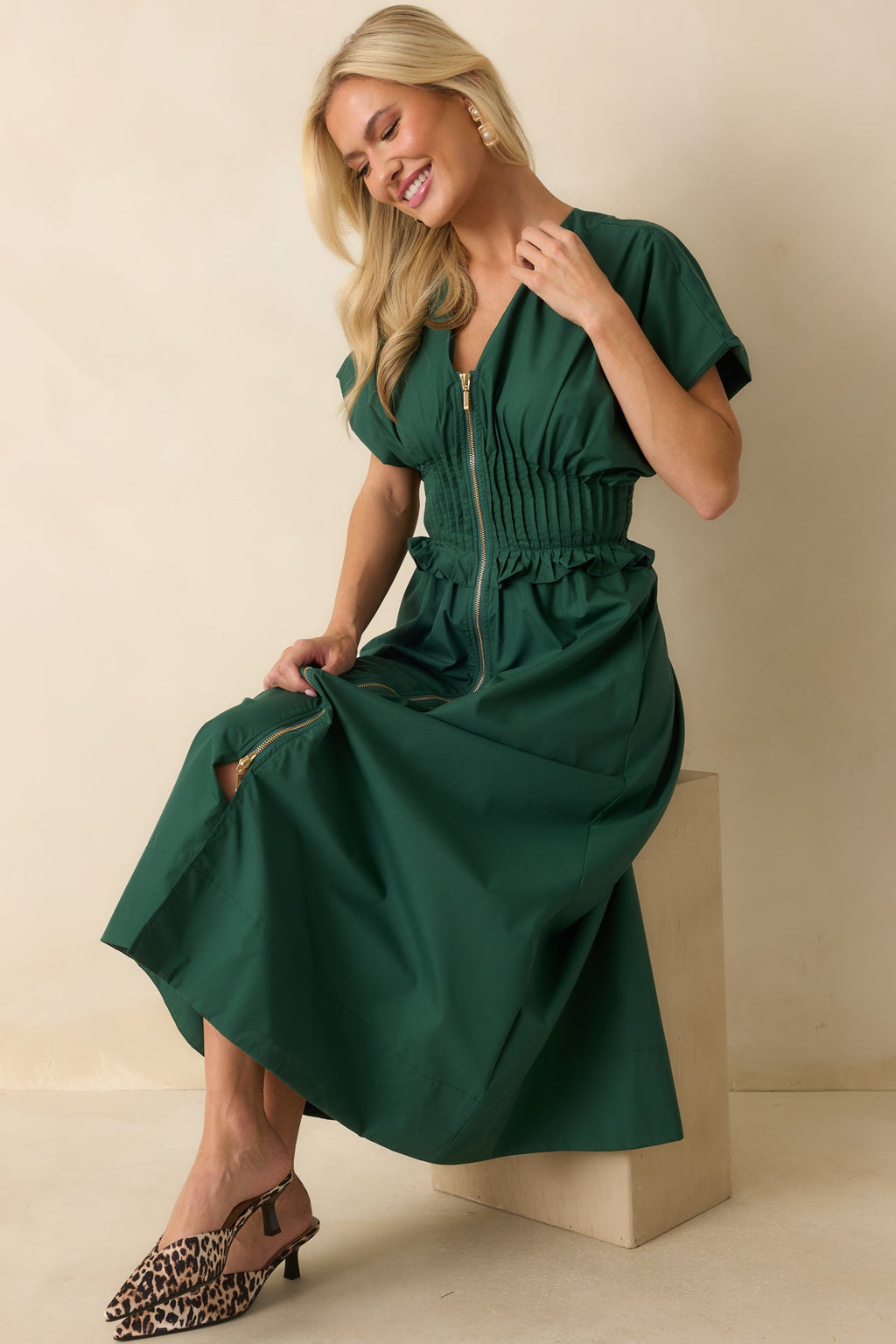 Let It Be Easy Green Smocked Waist Zip Maxi Dress